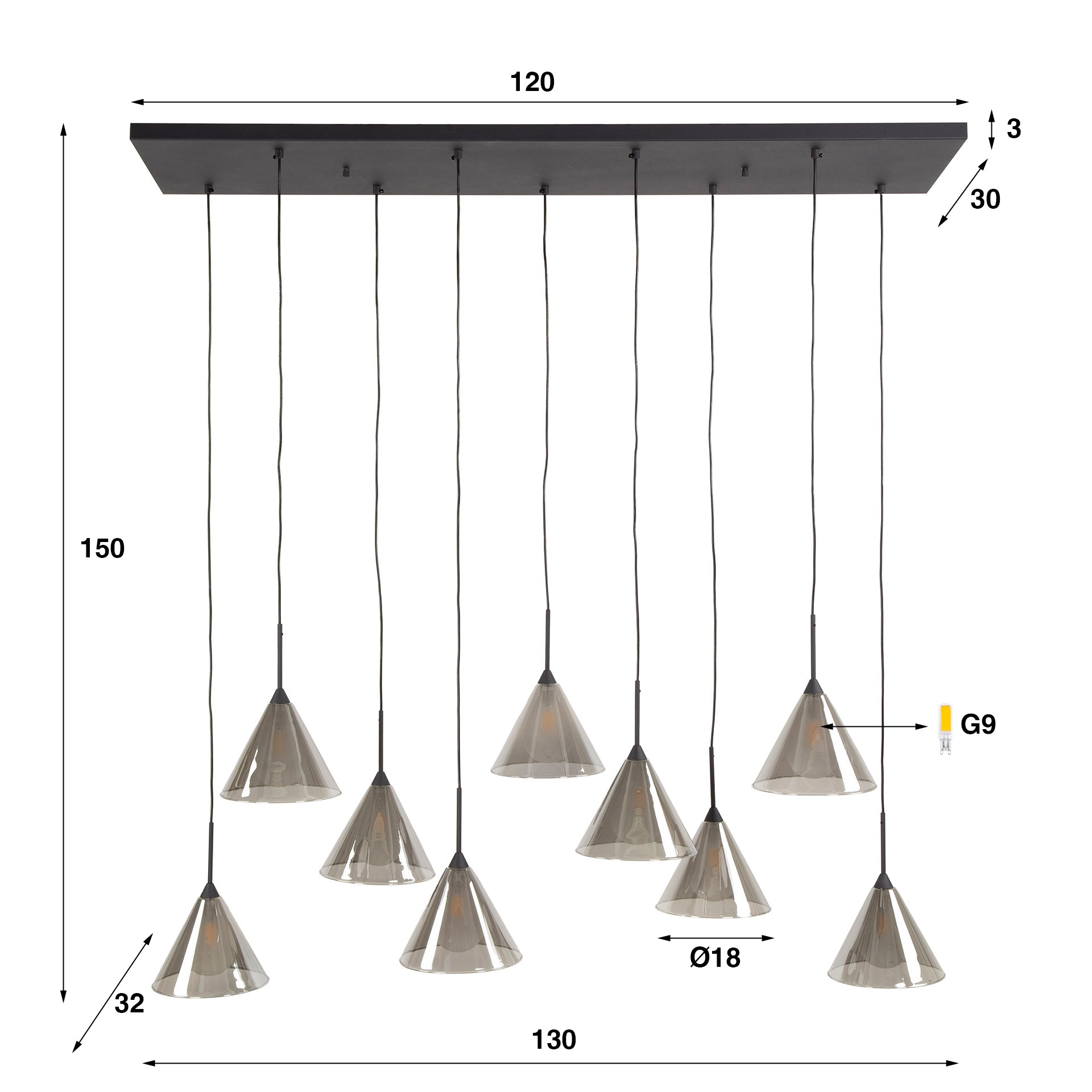 Pendant Lamp "Elunara" – With 9 Lights in Conical Smoky Glass and 150cm Height Adjustable