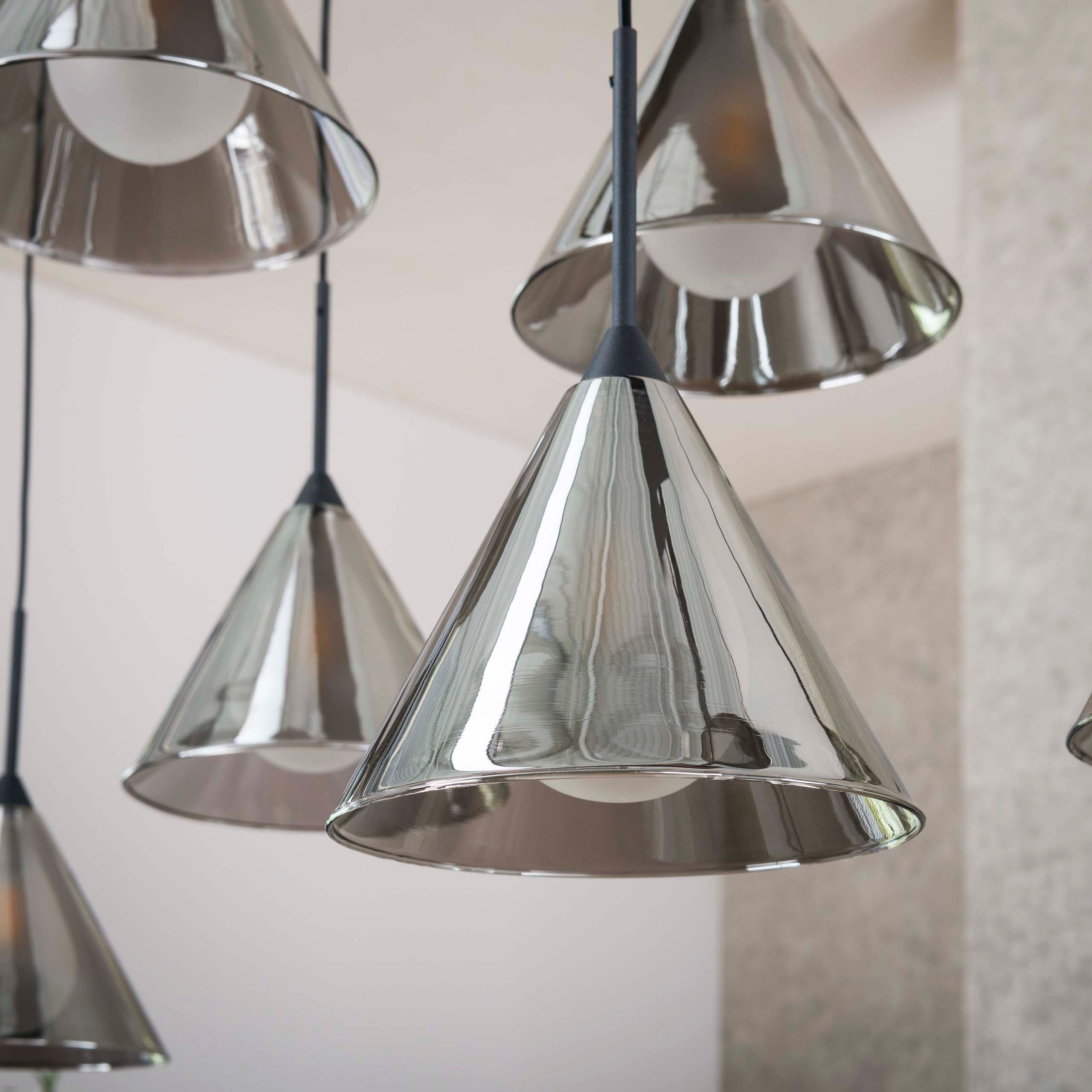 Pendant Lamp "Elunara" – With 9 Lights in Conical Smoky Glass and 150cm Height Adjustable