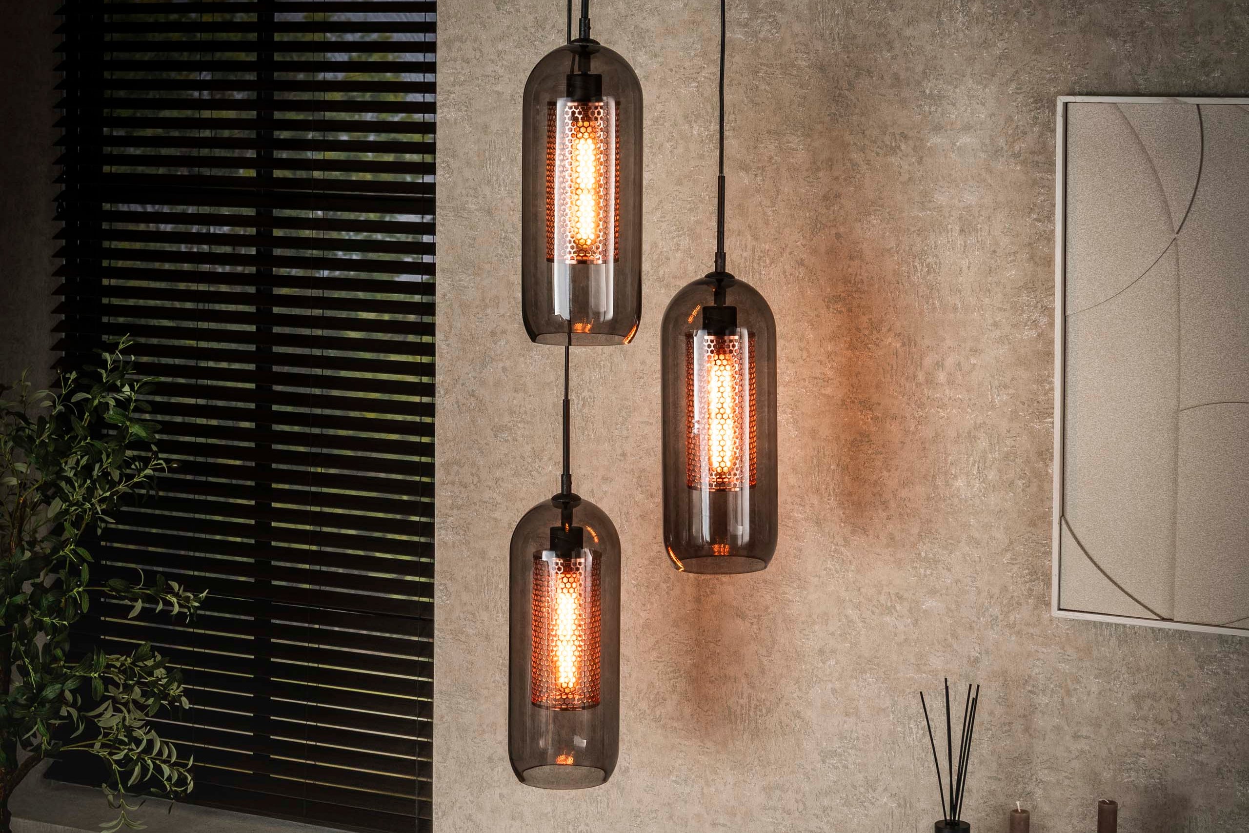 Pendant Light "Talvira" – Tiered with 3 Lights in Smoke Glass Mesh Design
