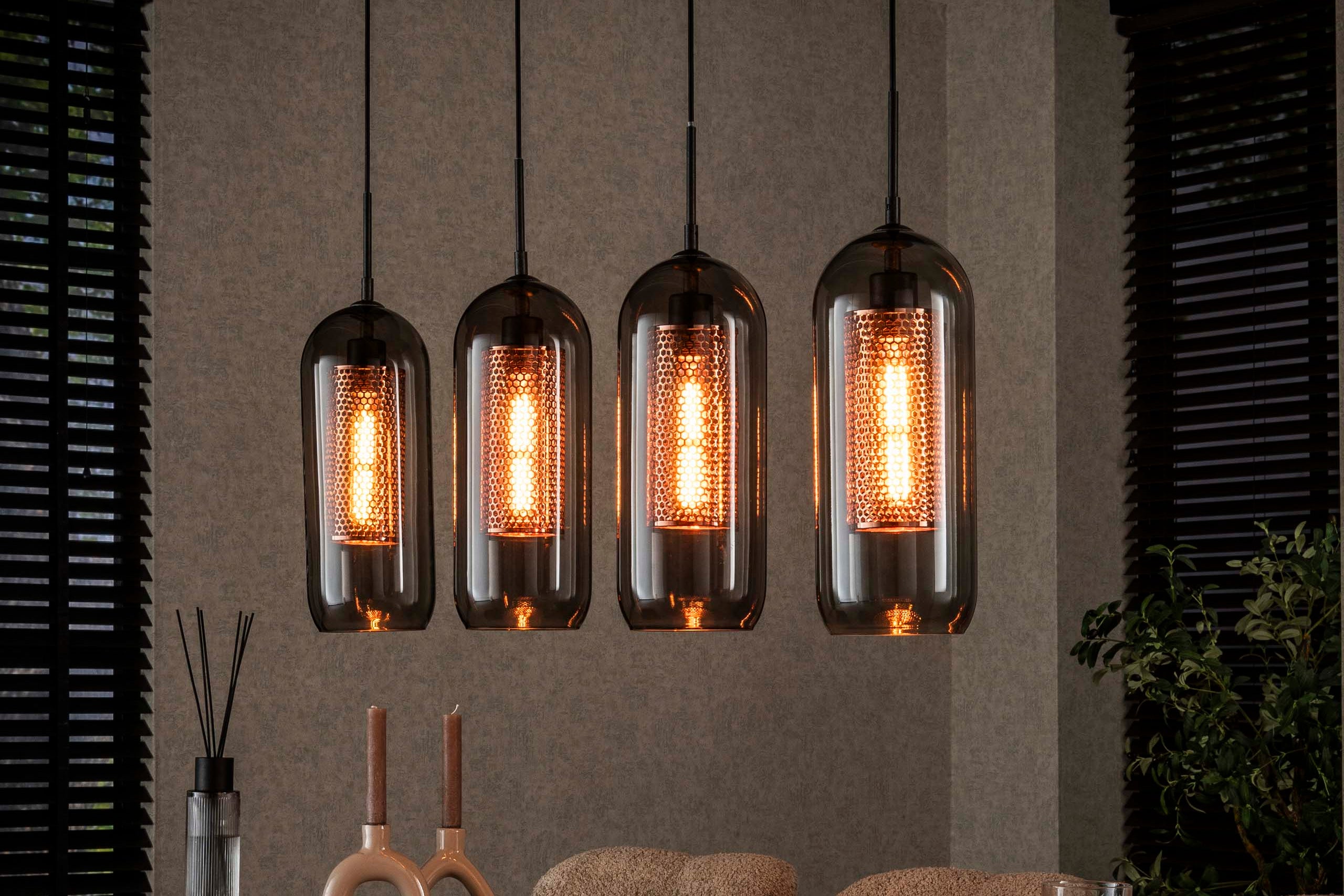 Pendant Light "Rivella" – With 4 Lights in Smoke Glass Mesh Design with Cylindrical Copper Grid Shades