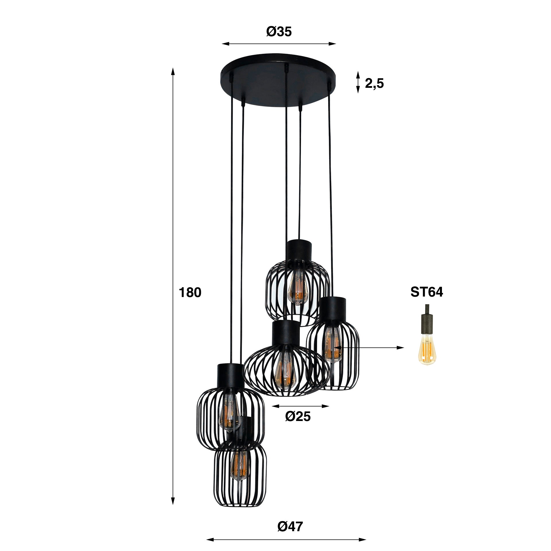 Pendant Light "Valeris" – Tiered with 5 Lights made of Anthracite-Colored Metal Mesh