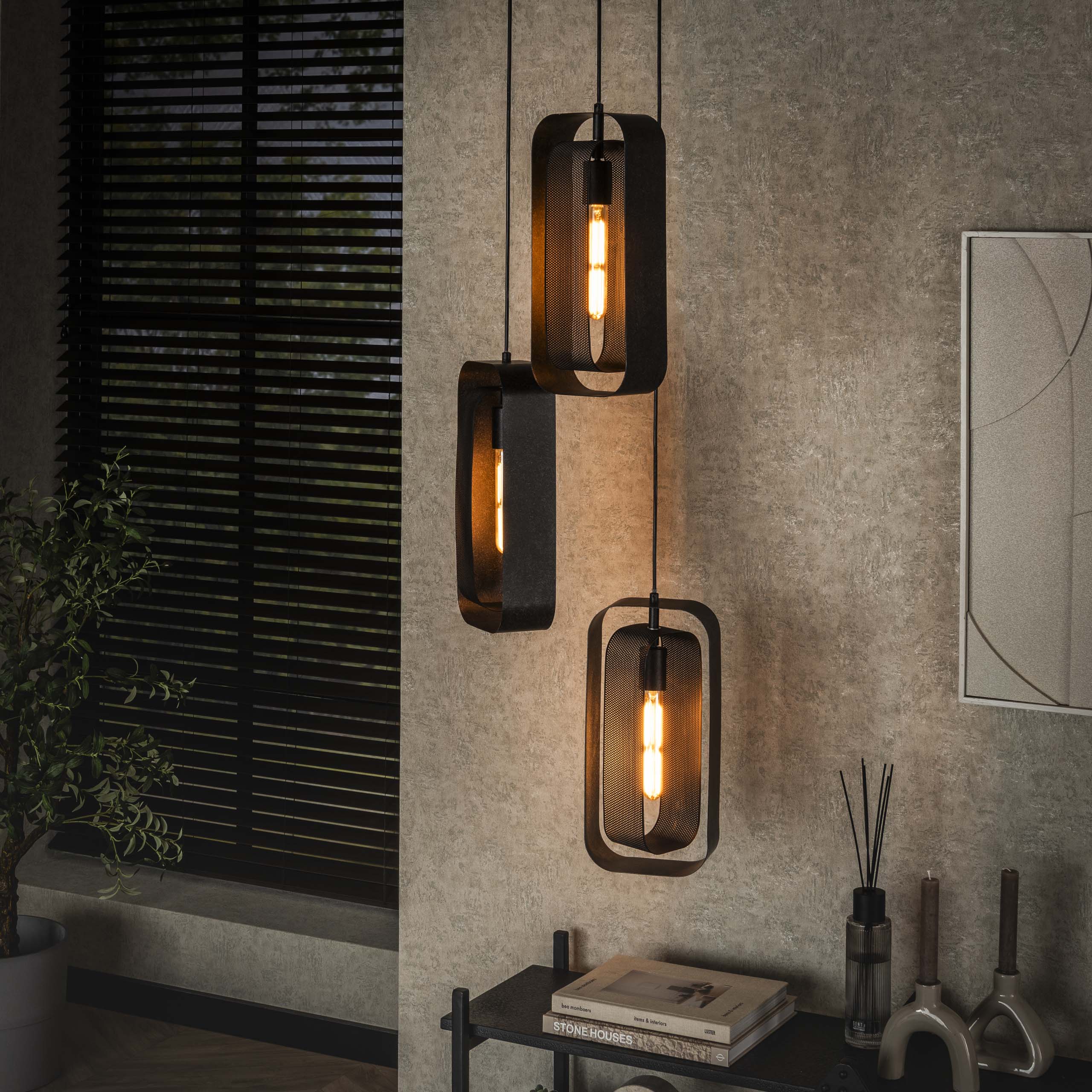 Pendant Light "Evelis" – Tiered with 3 Lights with Rotatable Grid Lampshades