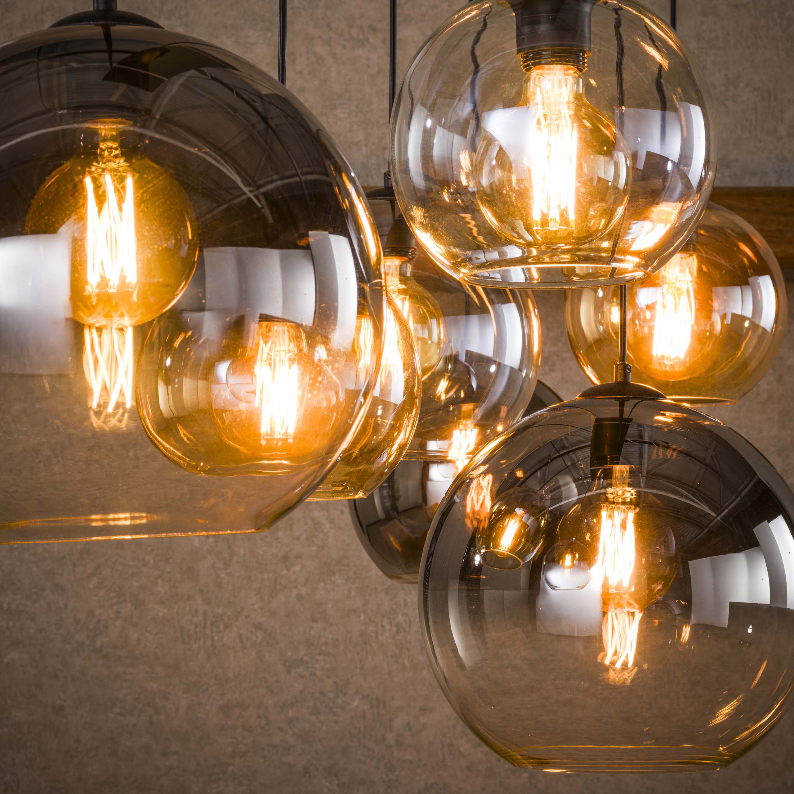 Pendant Lamp "Olivara" – 7 Spherical Glass Shades in Amber, Chrome, and Light Gray