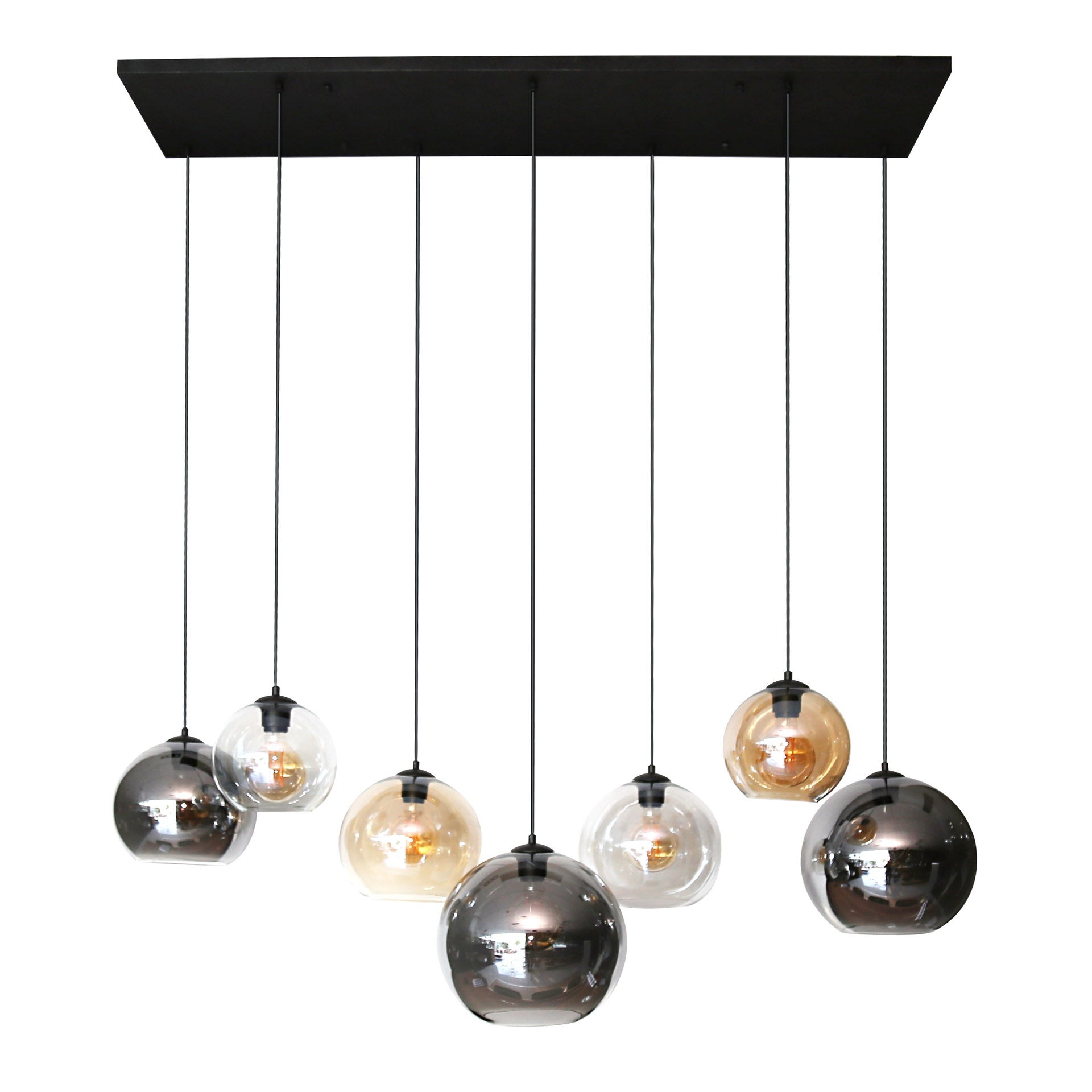 Pendant Lamp "Olivara" – 7 Spherical Glass Shades in Amber, Chrome, and Light Gray