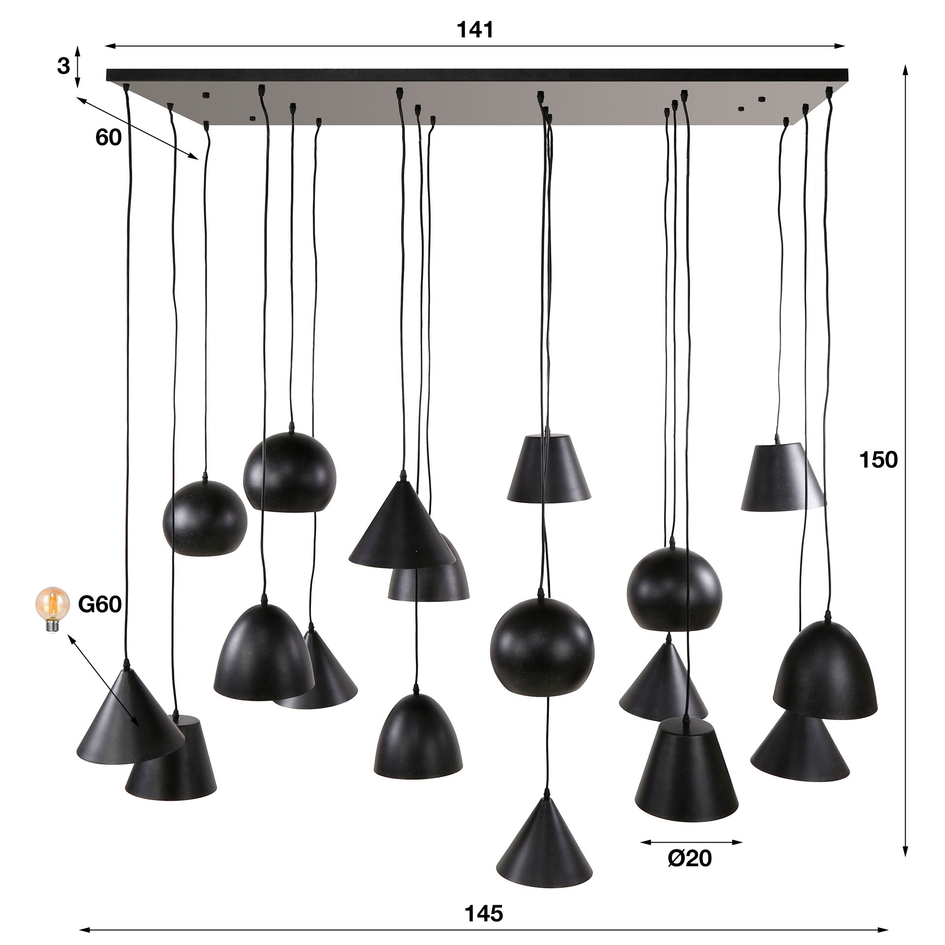 Pendant Lamp "Fionella" – 18 Round and Conical Metal Lampshades in Black Finish