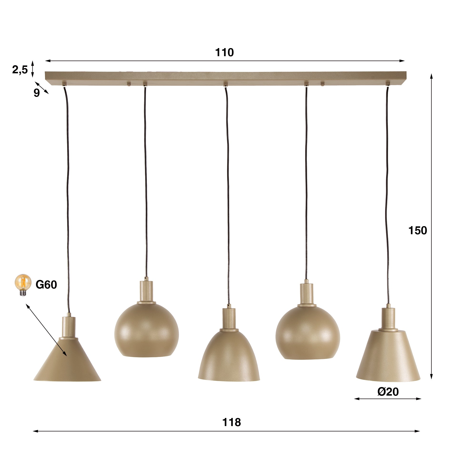 Pendant lamp Bravino – Five metal shades in Brown or Beige (five-light)