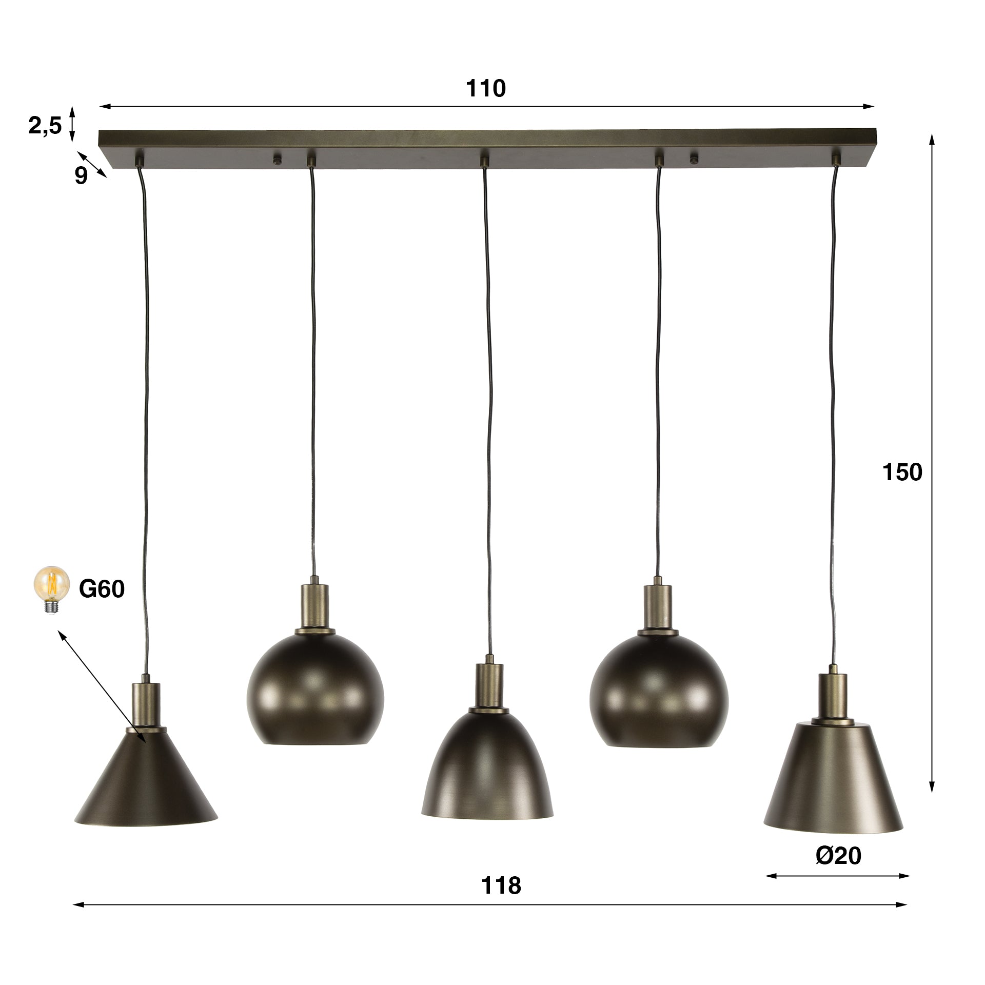 Pendant Light "Lumiselle" – 5 Metal Lights in Different Shapes in Beige or Bronze