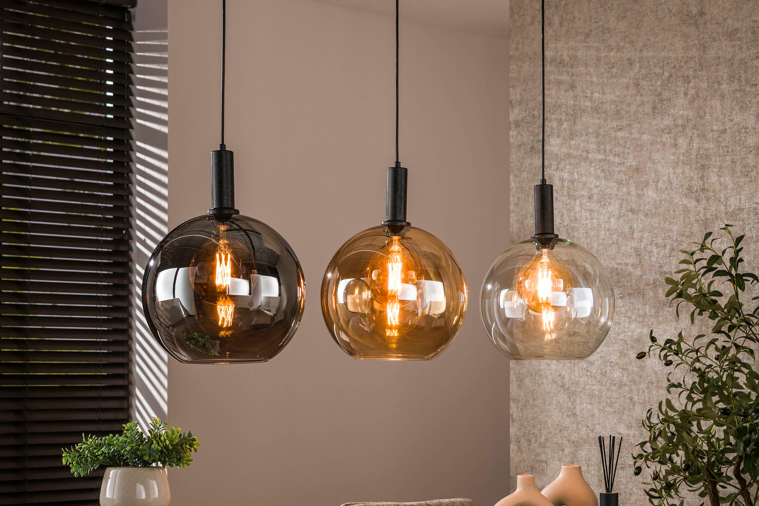 Pendant Light "Seralis" – 3 Glass Shades in Chrome, Amber, and Transparent with Metal Fixture