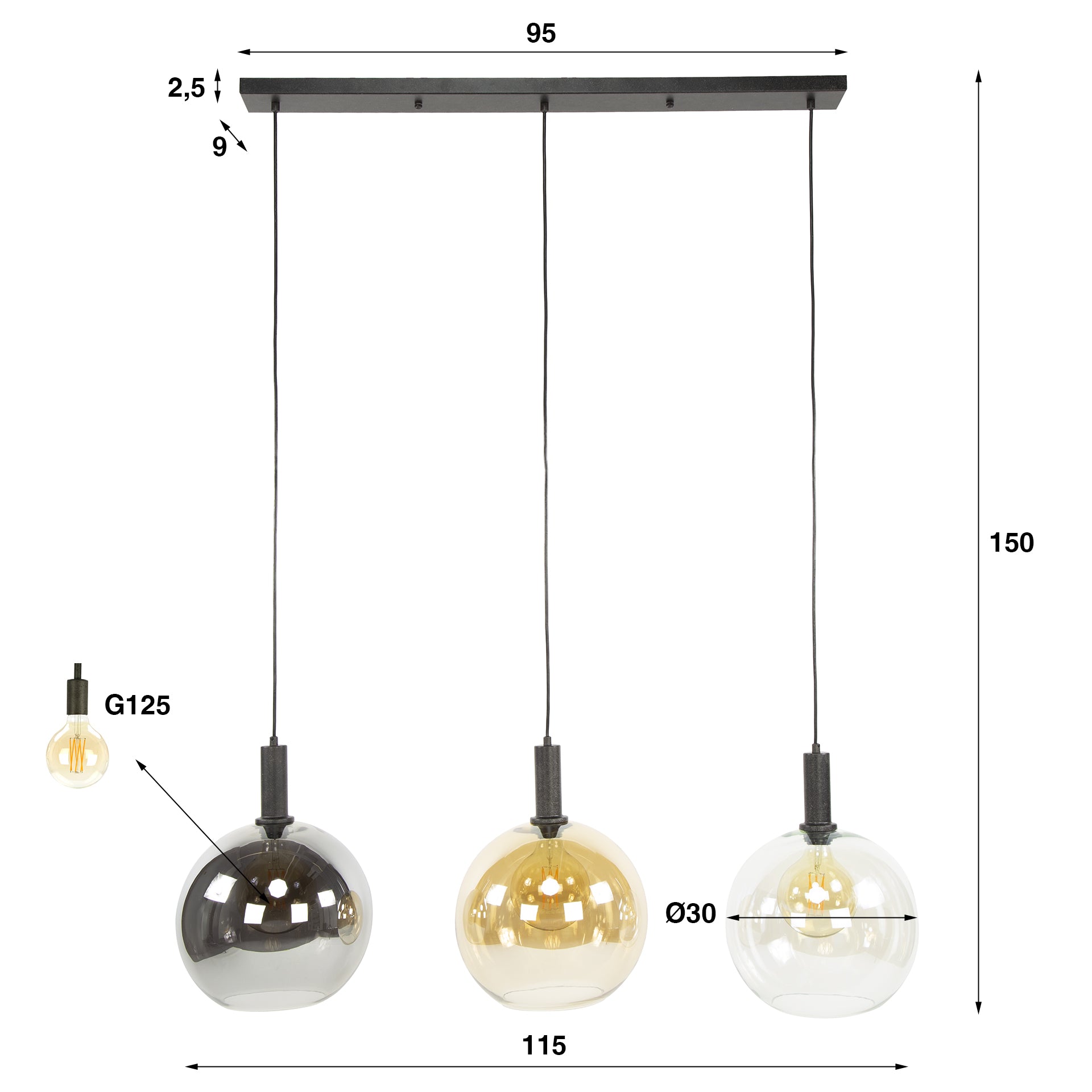 Pendant Light "Seralis" – 3 Glass Shades in Chrome, Amber, and Transparent with Metal Fixture