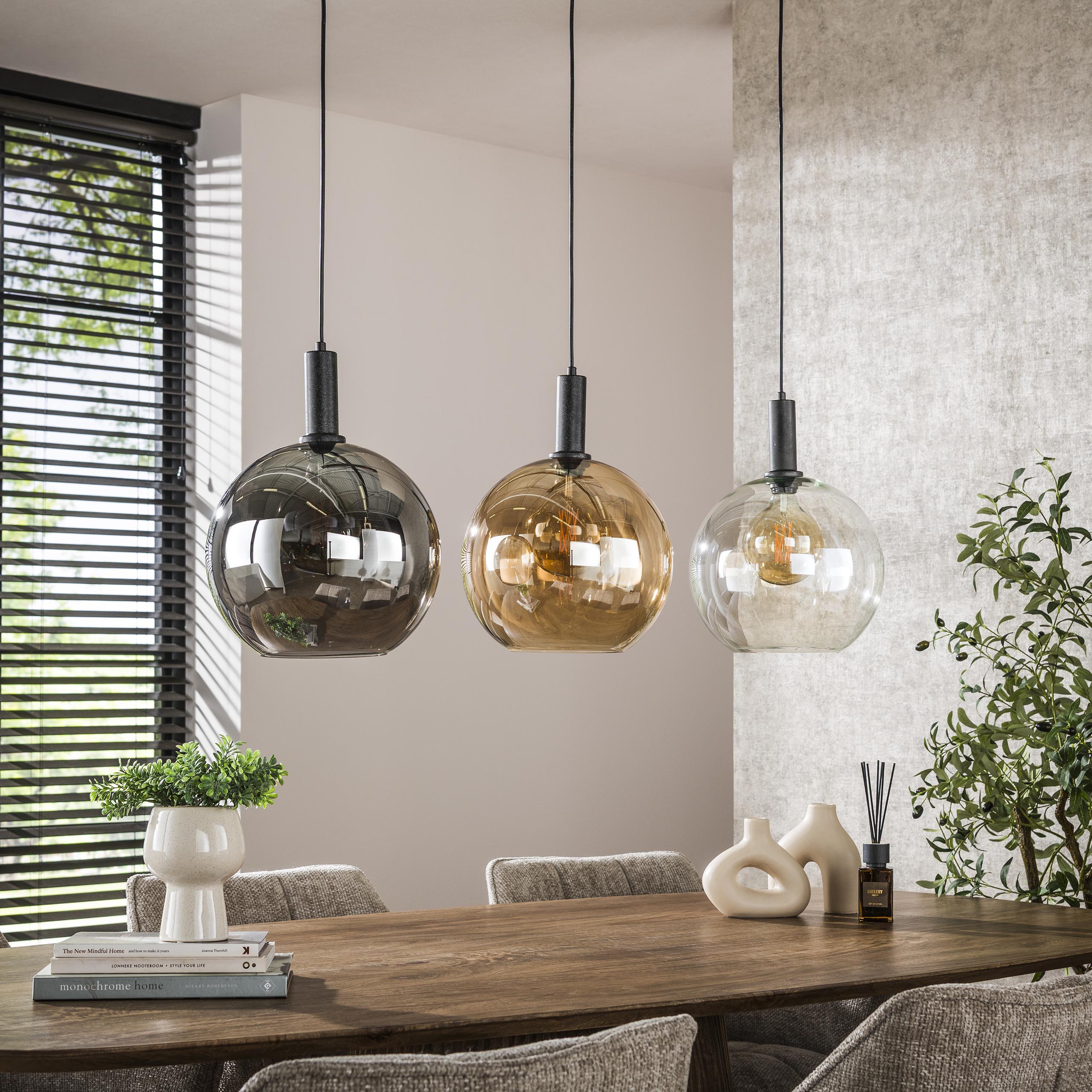 Pendant Light "Seralis" – 3 Glass Shades in Chrome, Amber, and Transparent with Metal Fixture