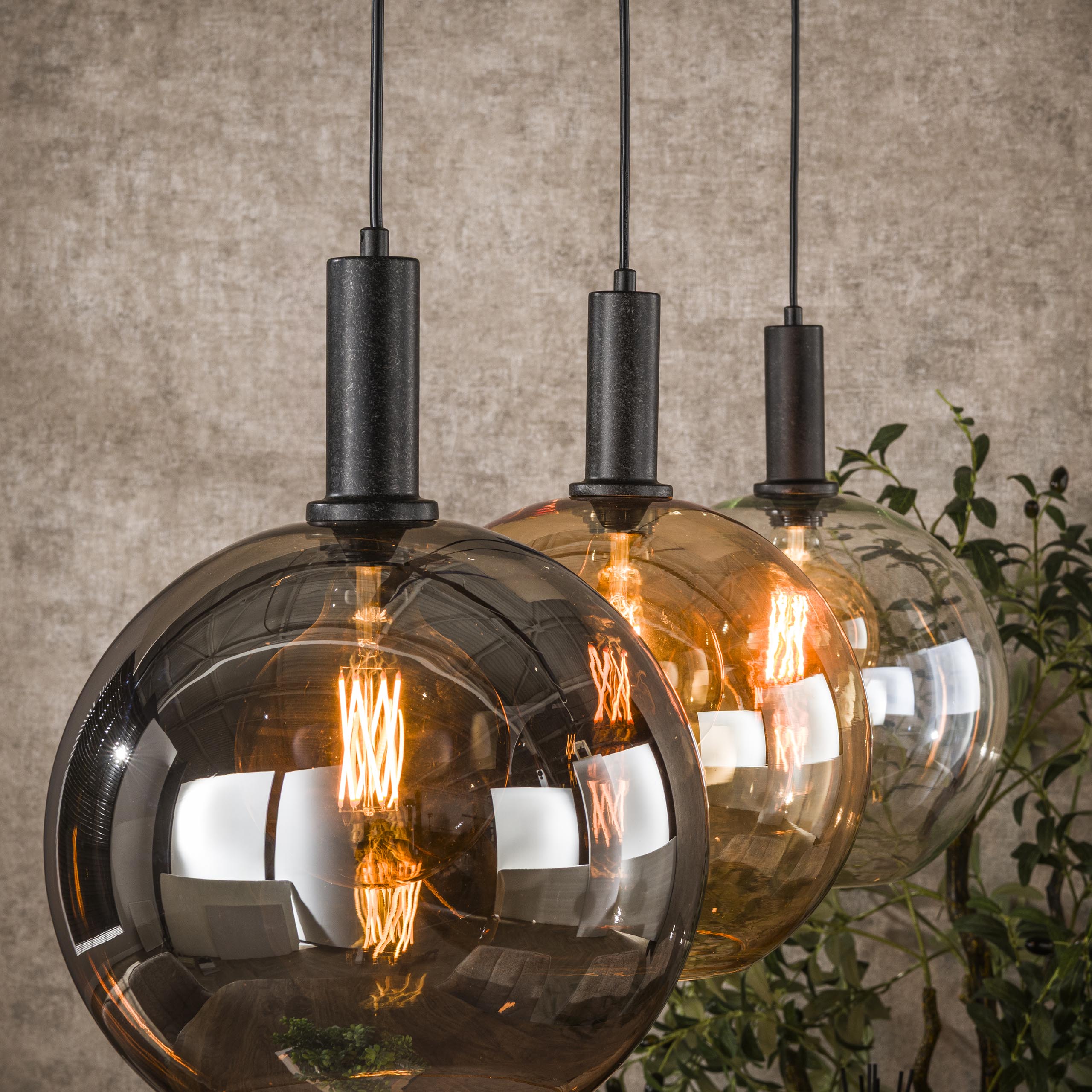 Pendant Light "Seralis" – 3 Glass Shades in Chrome, Amber, and Transparent with Metal Fixture