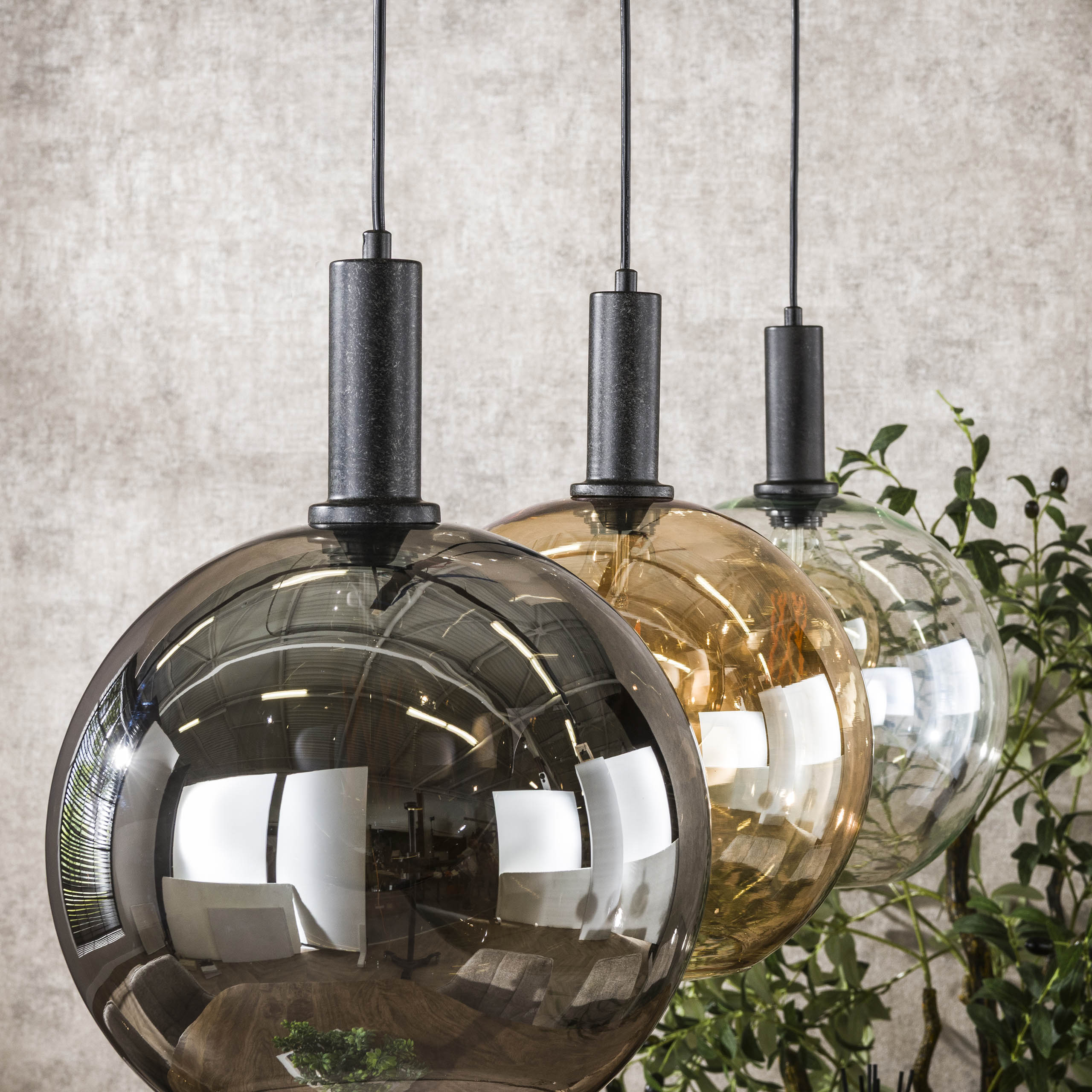 Pendant Light "Seralis" – 3 Glass Shades in Chrome, Amber, and Transparent with Metal Fixture