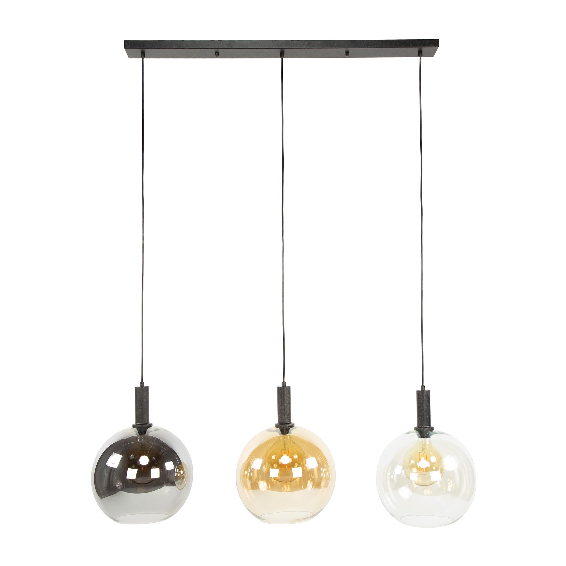 Pendant Light "Seralis" – 3 Glass Shades in Chrome, Amber, and Transparent with Metal Fixture
