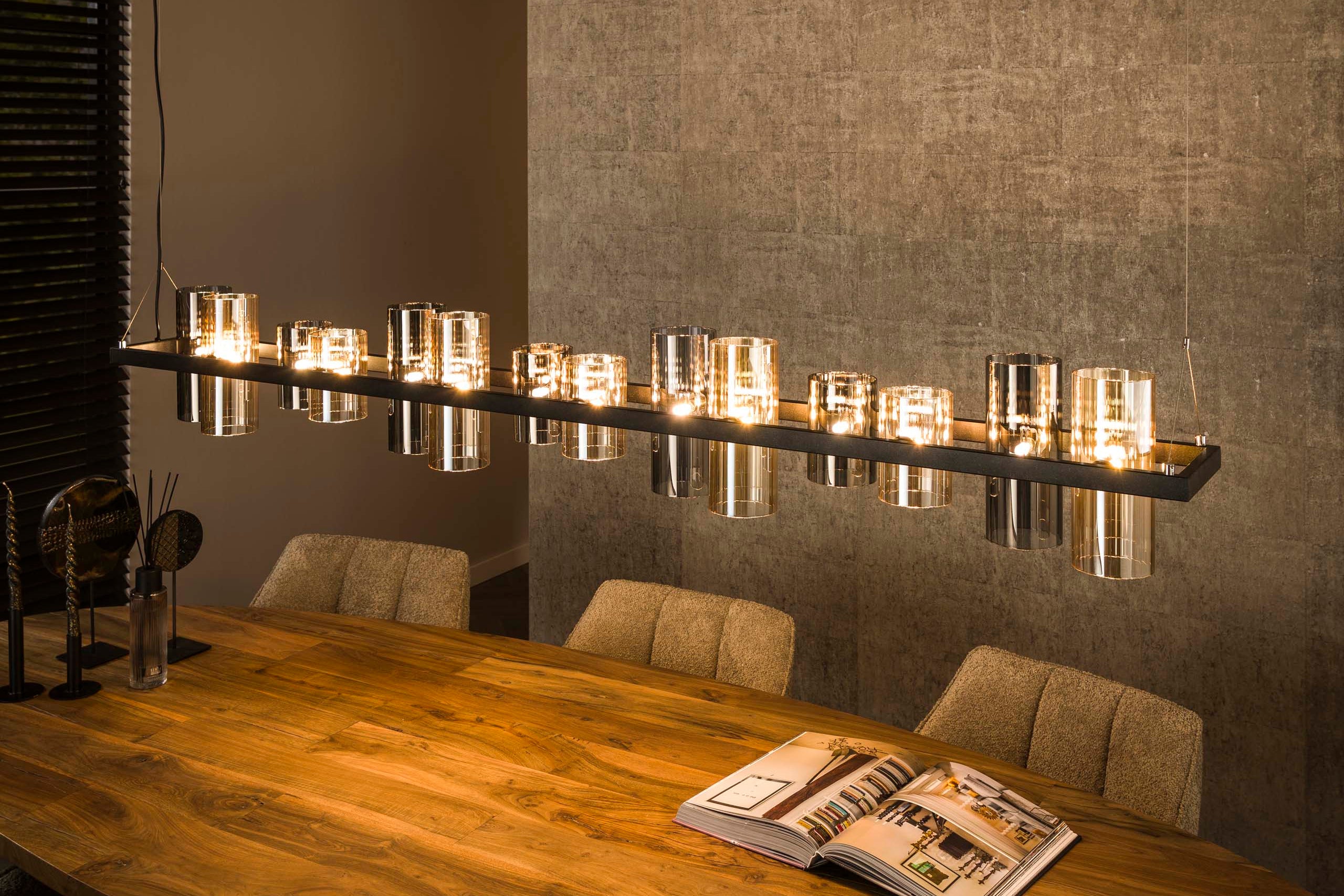 Pendant Lamp "Melvira" – 14 Cylindrical Glass Shades in Amber and Chrome Finish