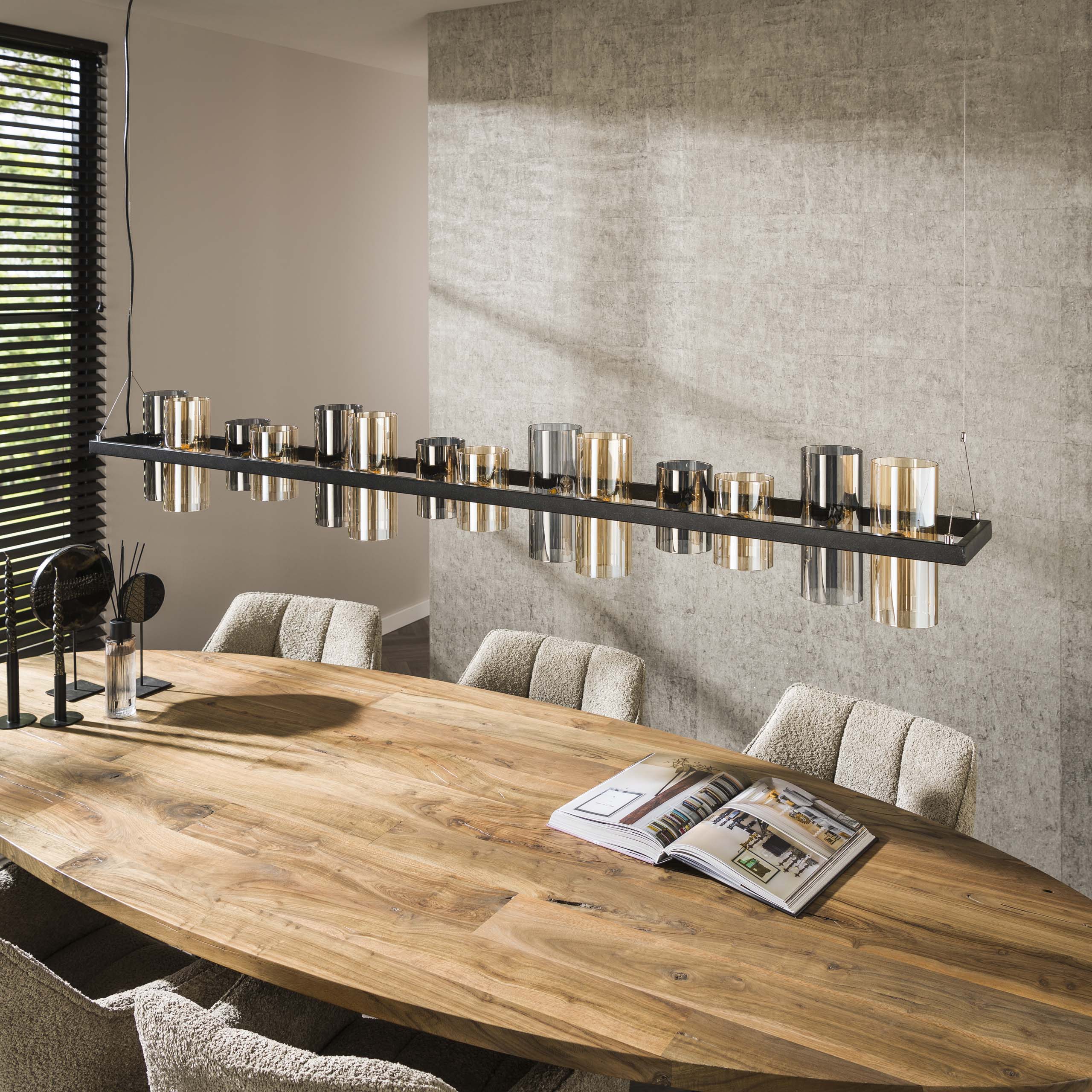 Pendant Lamp "Melvira" – 14 Cylindrical Glass Shades in Amber and Chrome Finish