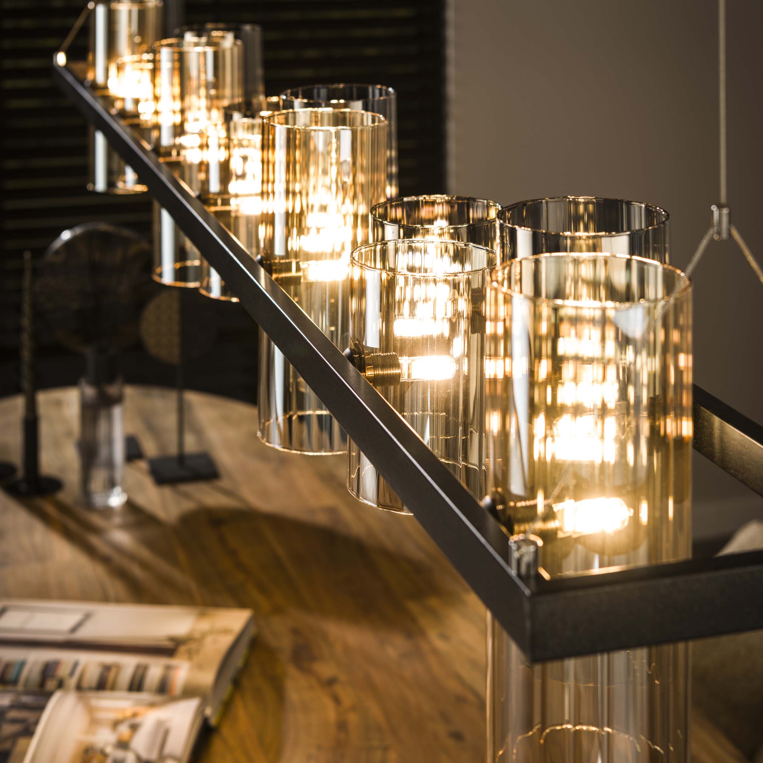 Pendant Lamp "Melvira" – 14 Cylindrical Glass Shades in Amber and Chrome Finish