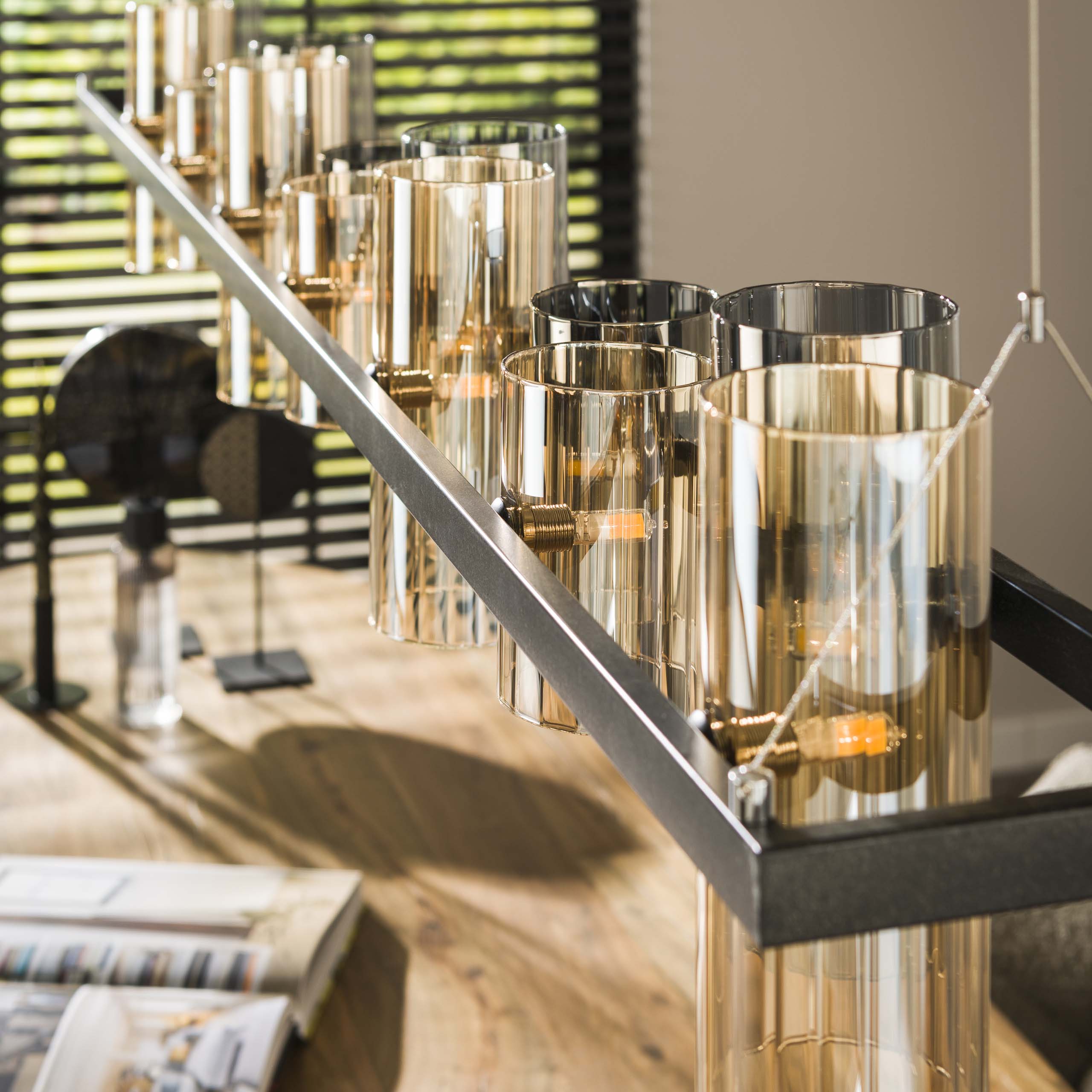 Pendant Lamp "Melvira" – 14 Cylindrical Glass Shades in Amber and Chrome Finish