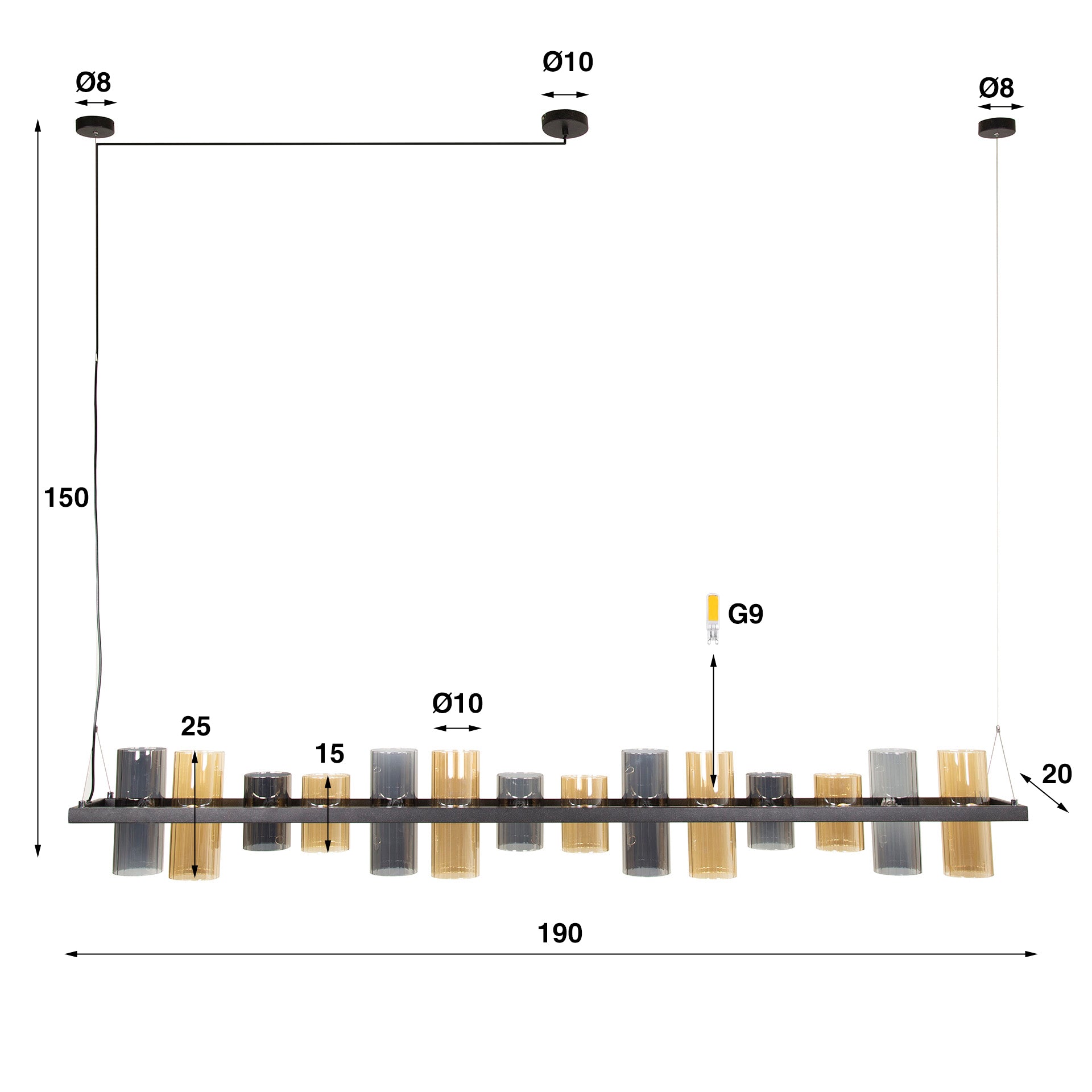 Pendant Lamp "Melvira" – 14 Cylindrical Glass Shades in Amber and Chrome Finish