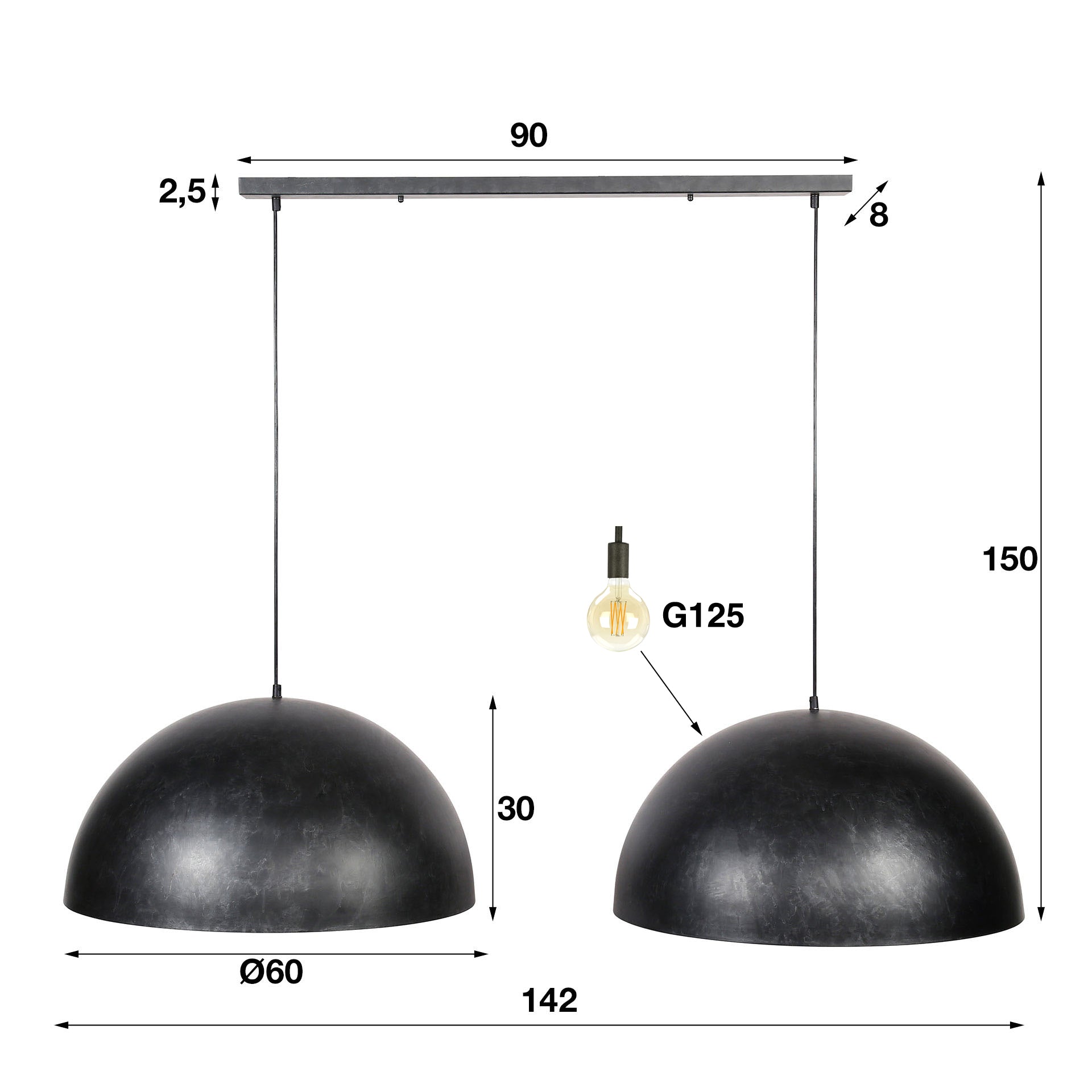 Pendant Lamp "Elandra" – 2 Lights with 60cm Large Dome-Shaped Lampshades in Dark Gray
