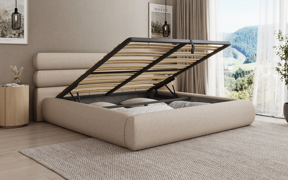 Designer upholstered bed Joline in textured fabric with storage