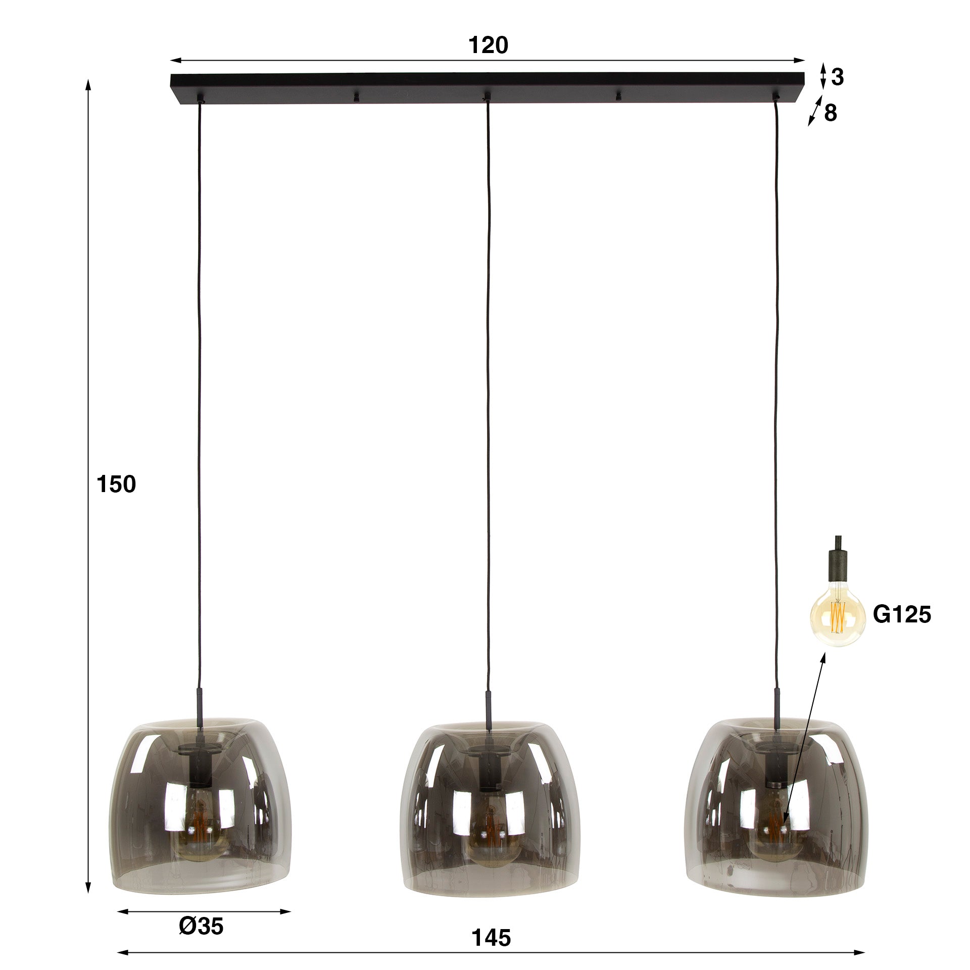 Pendant Light "Cirella" – 3 Lights with Large Lampshades Made of Chrome Glass