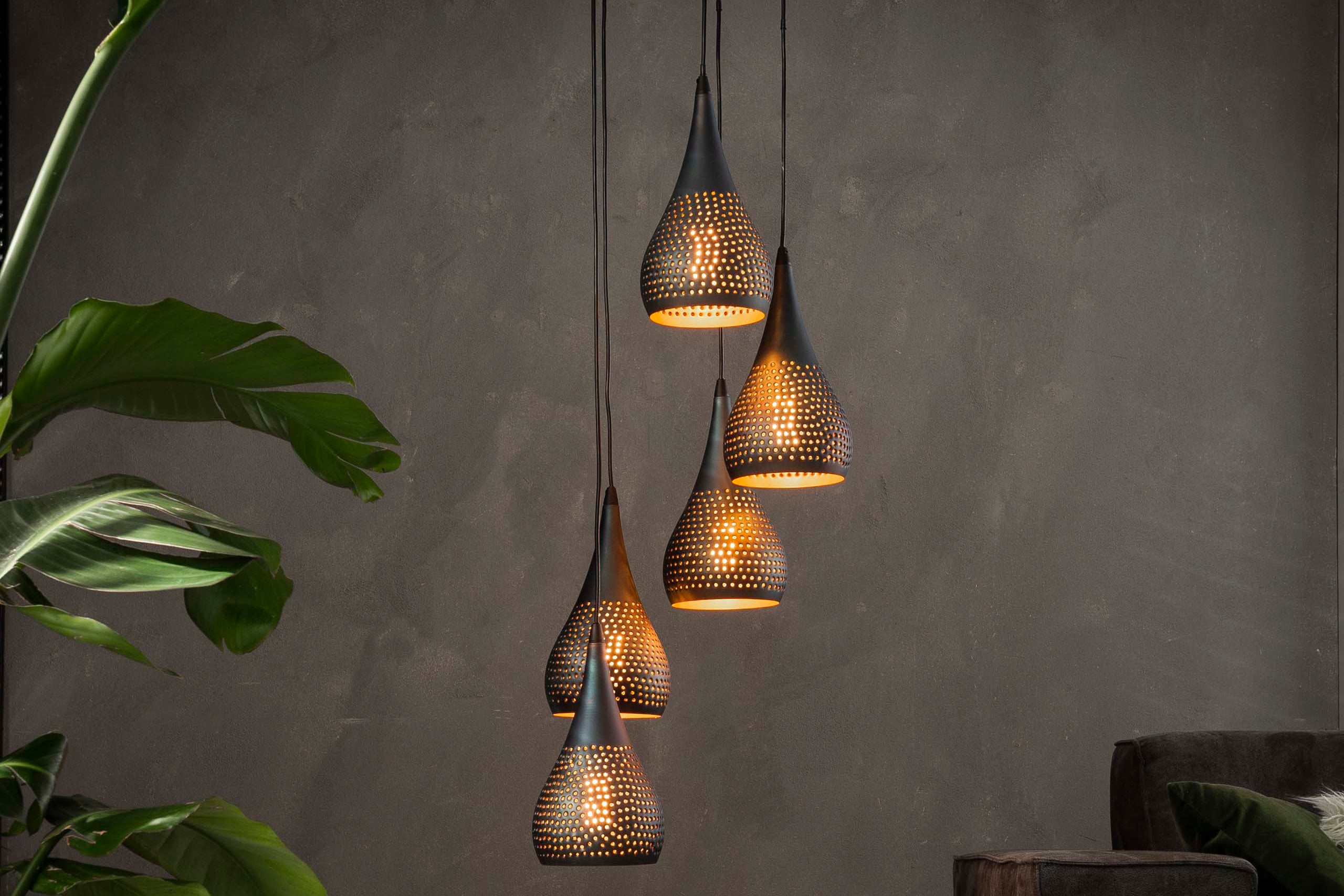 Pendant Lamp "Calira" – Tiered with 5 Perforated Metal Lampshades in Black-Bronze