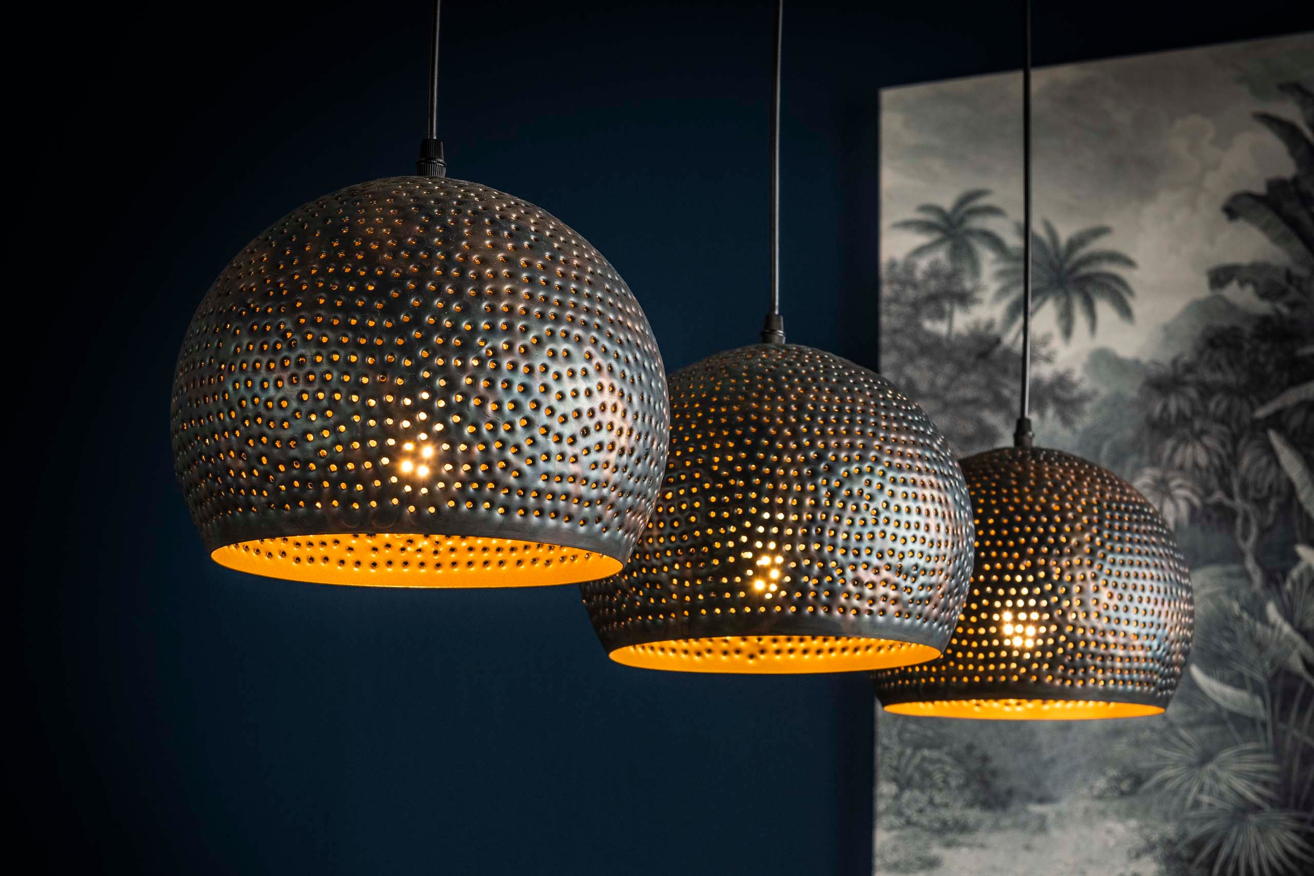 Pendant Lamp "Veloria" – With 3 Perforated Metal Globe Shades in Black-Bronze