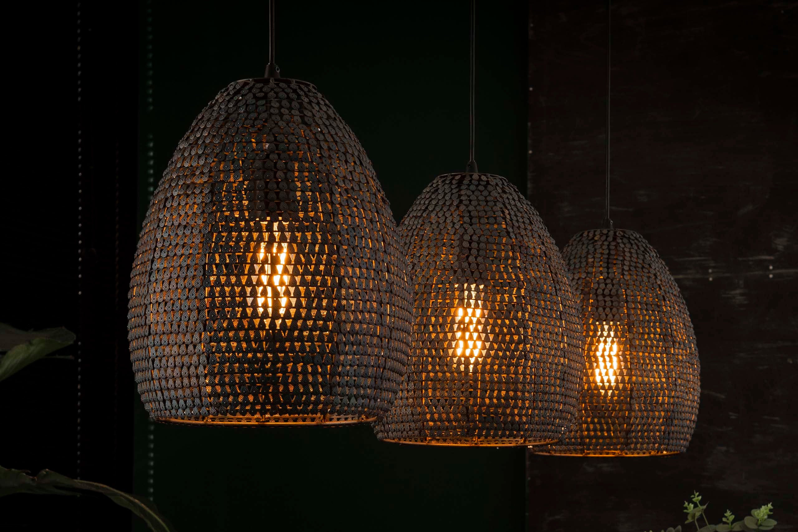 Pendant Lamp "Lumeya" – With 3 Perforated, Handcrafted Metal Lampshades in Black-Bronze