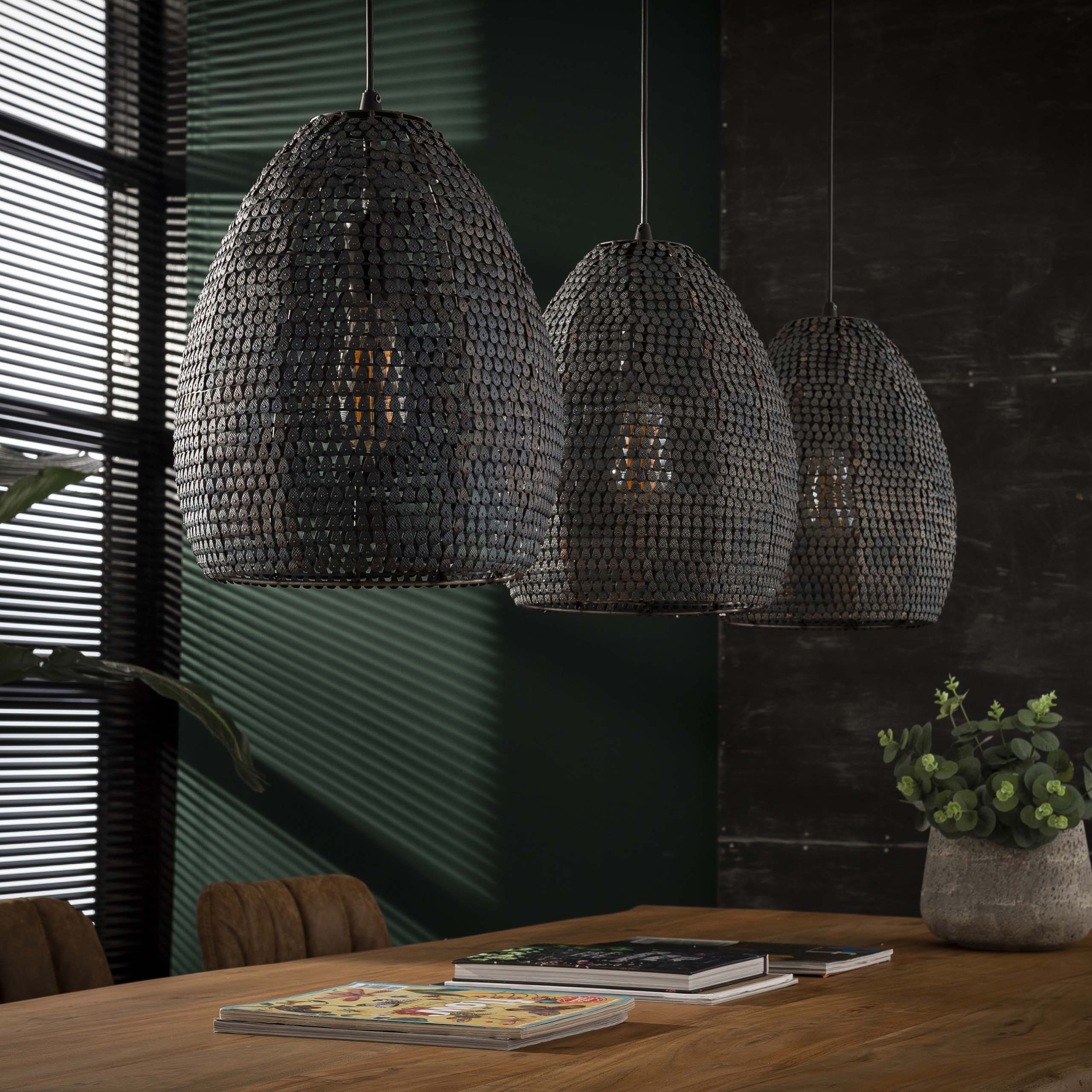 Pendant Lamp "Lumeya" – With 3 Perforated, Handcrafted Metal Lampshades in Black-Bronze