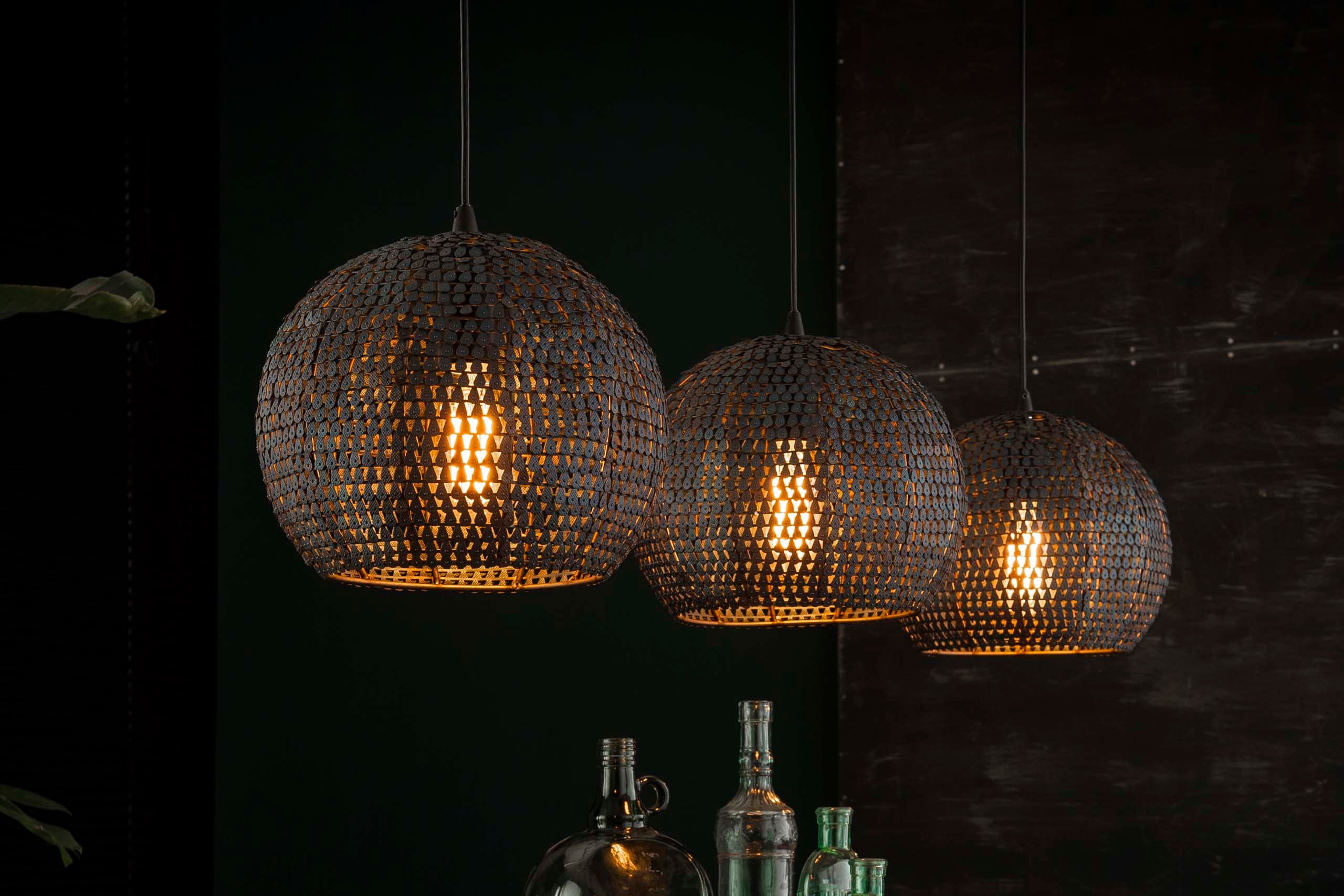 Pendant Lamp "Coralis" – With 3 Round, Handcrafted Metal Lampshades in Black-Bronze