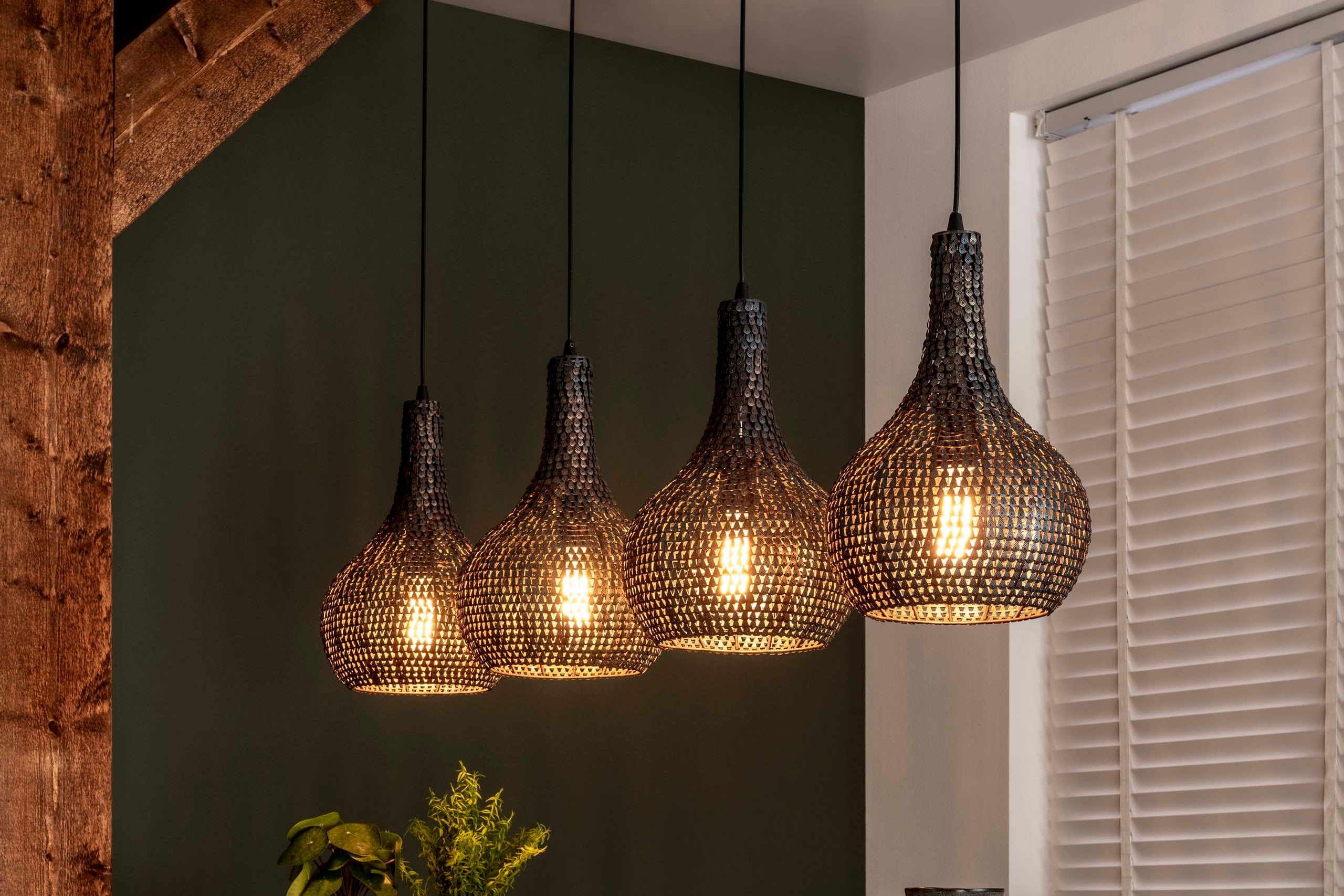 Pendant Lamp "Elviro" – With 4 Conical, Handcrafted Metal Lampshades in Black-Bronze