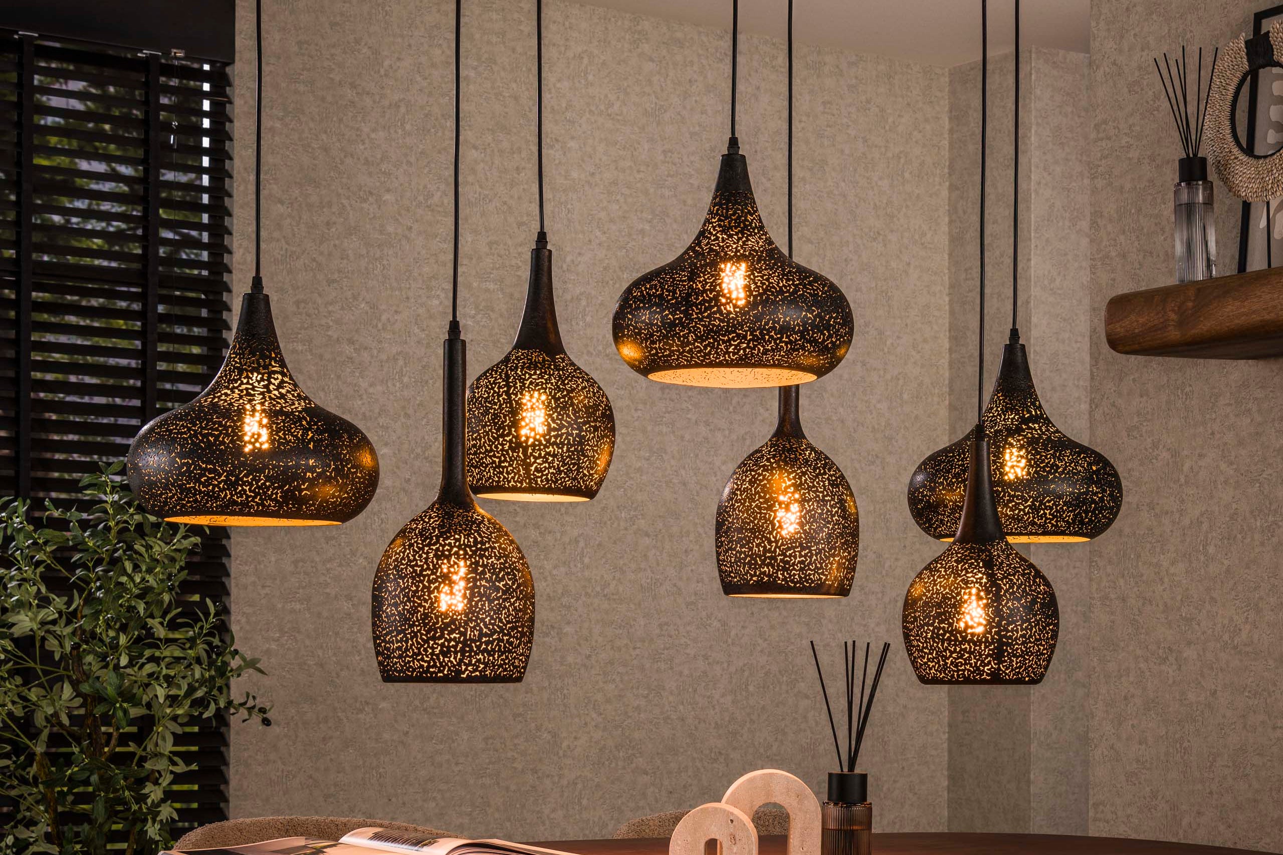 Pendant Lamp "Virena" – With 7 Individual, Handcrafted Lampshades in Black