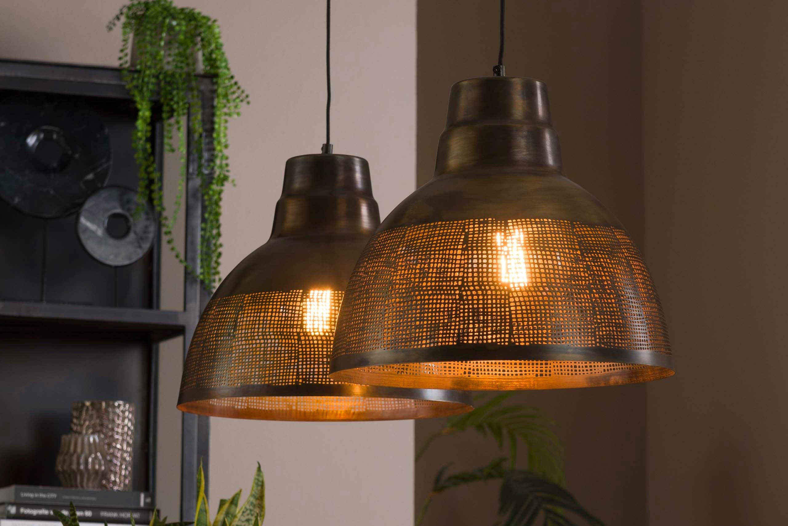 Pendant Lamp "Armonis" – With 2 Hand-Perforated Metal Lampshades in Antique Bronze