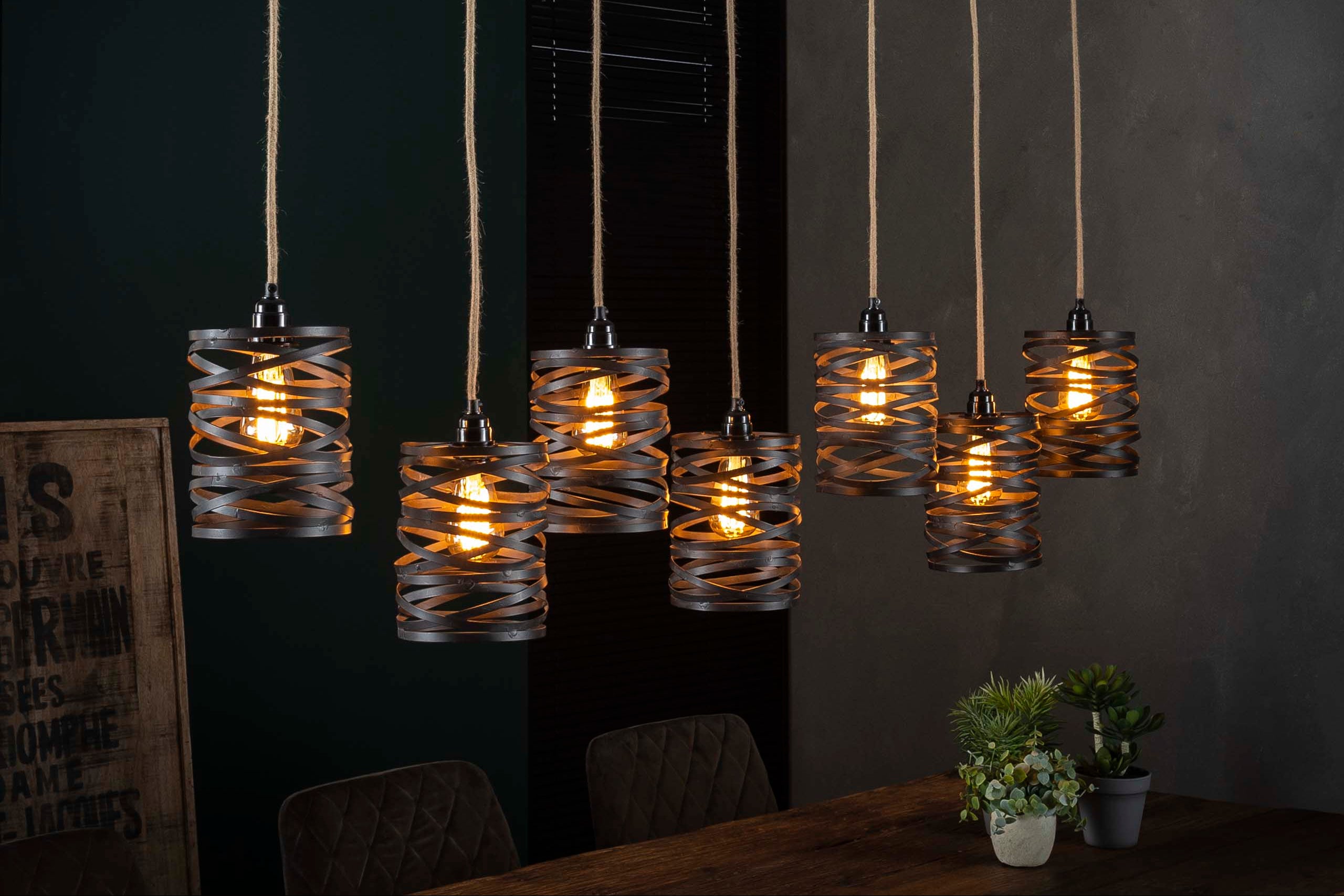 Pendant Lamp "Selvaris" – With 7 Spiral-Shaped Lampshades and Industrial Pipe Ceiling Mount