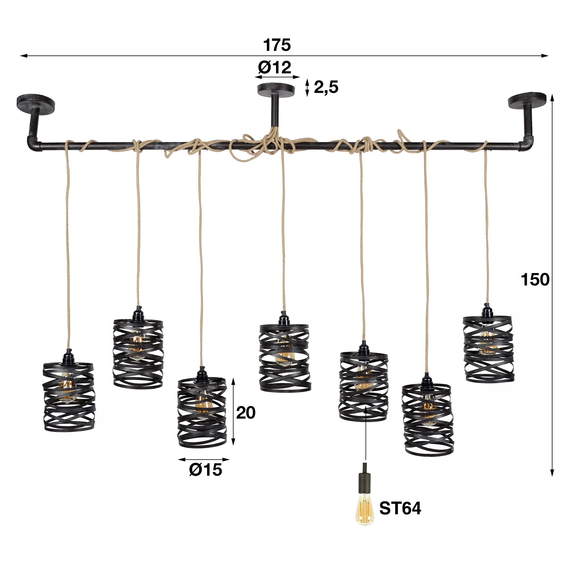 Pendant Lamp "Selvaris" – With 7 Spiral-Shaped Lampshades and Industrial Pipe Ceiling Mount