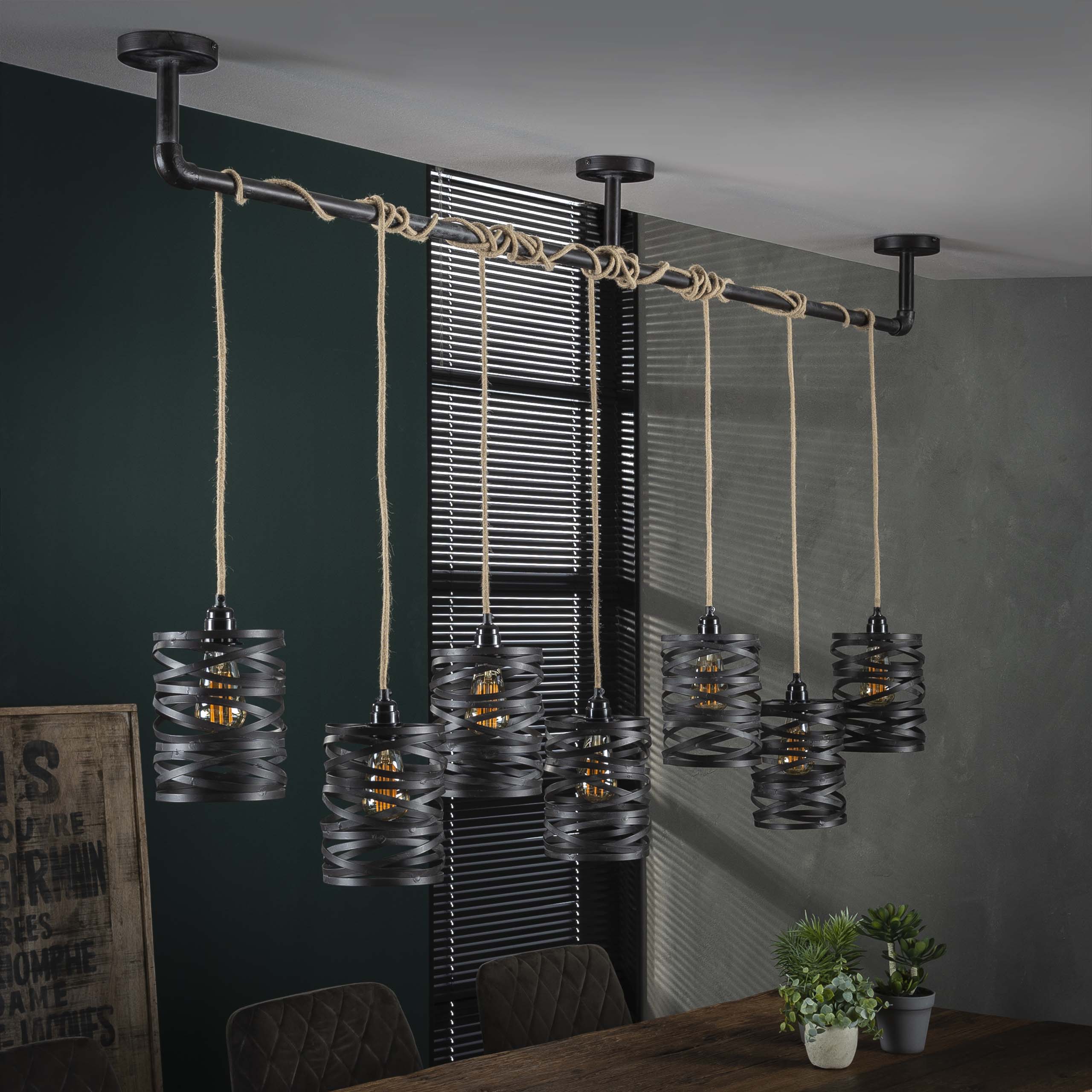 Pendant Lamp "Selvaris" – With 7 Spiral-Shaped Lampshades and Industrial Pipe Ceiling Mount