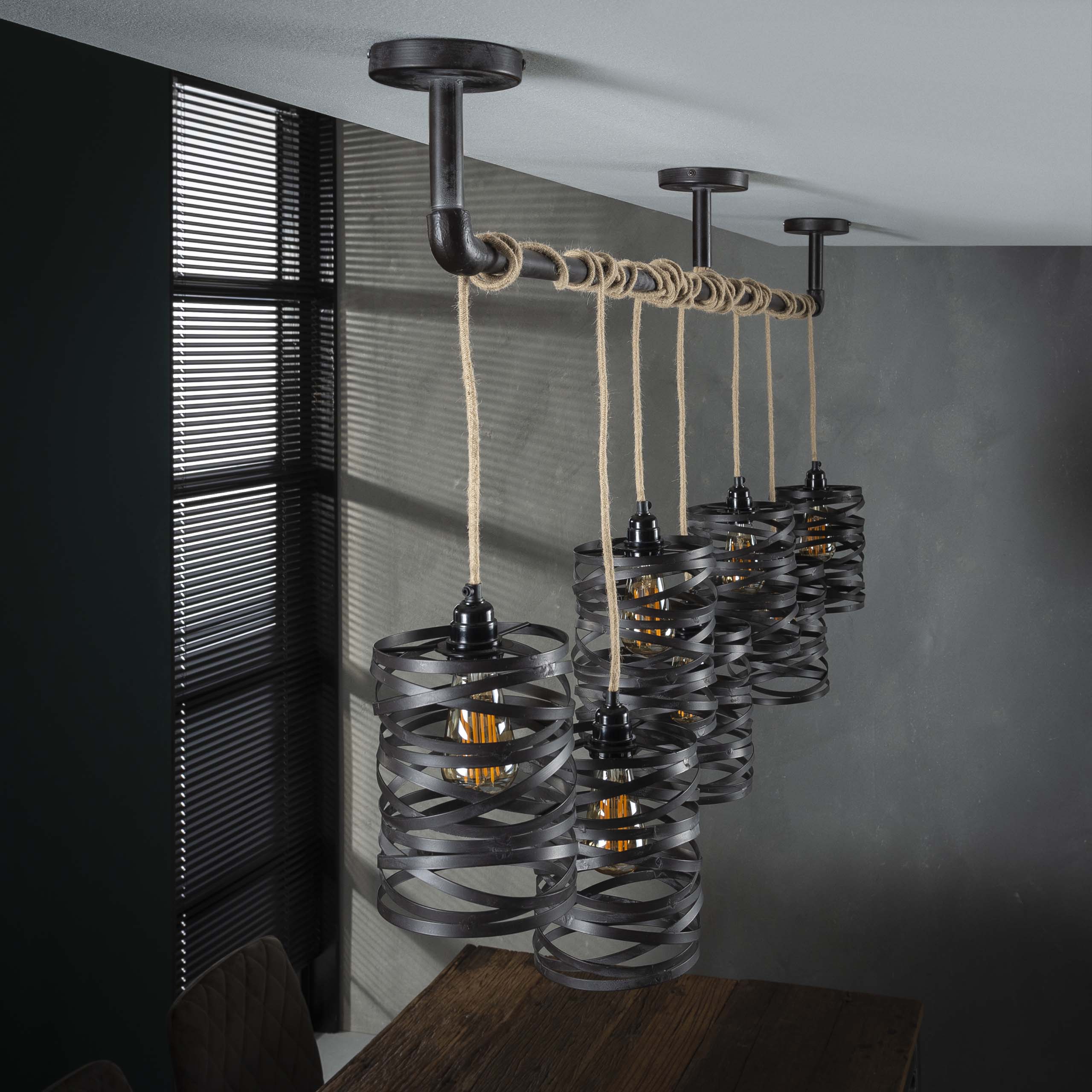 Pendant Lamp "Selvaris" – With 7 Spiral-Shaped Lampshades and Industrial Pipe Ceiling Mount