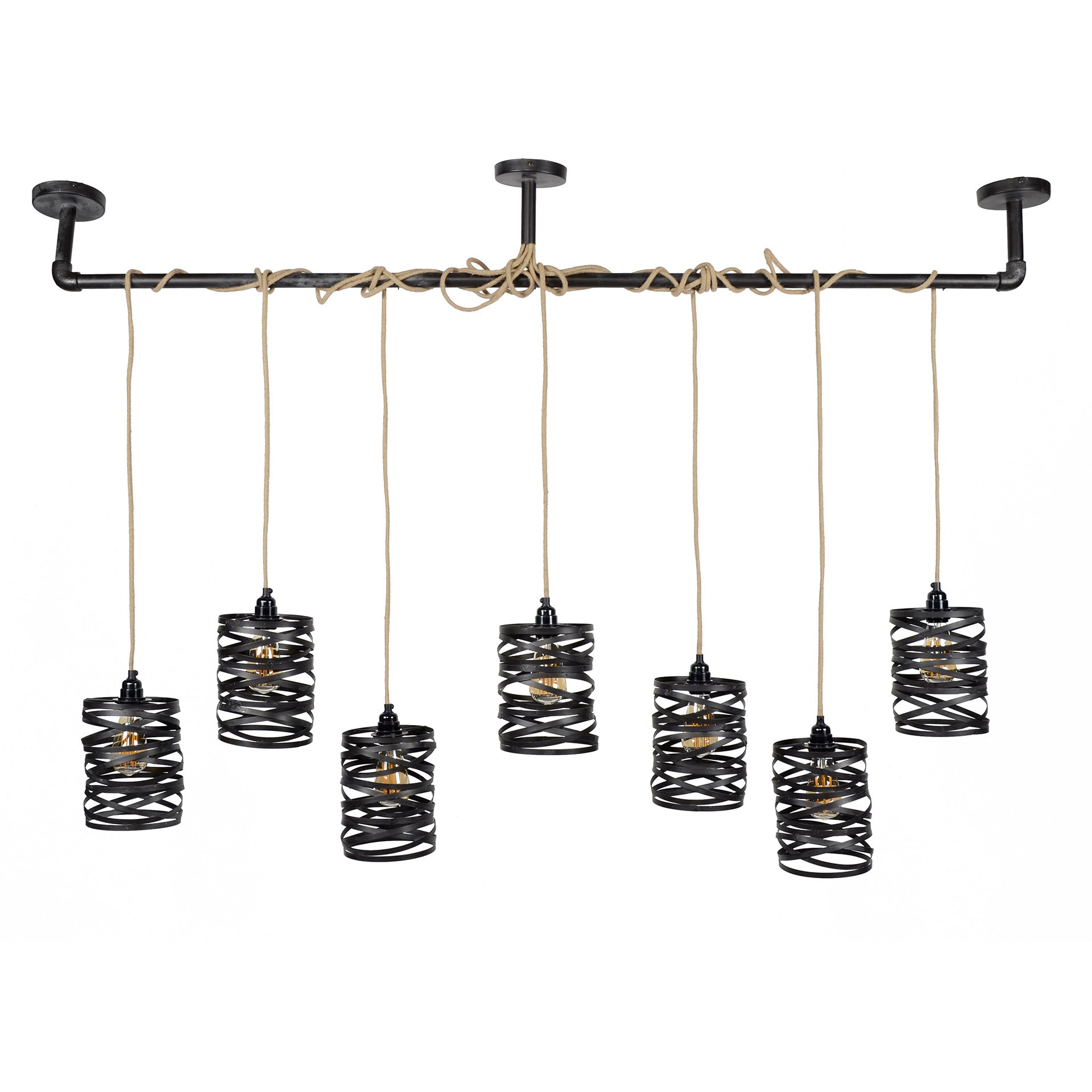 Pendant Lamp "Selvaris" – With 7 Spiral-Shaped Lampshades and Industrial Pipe Ceiling Mount