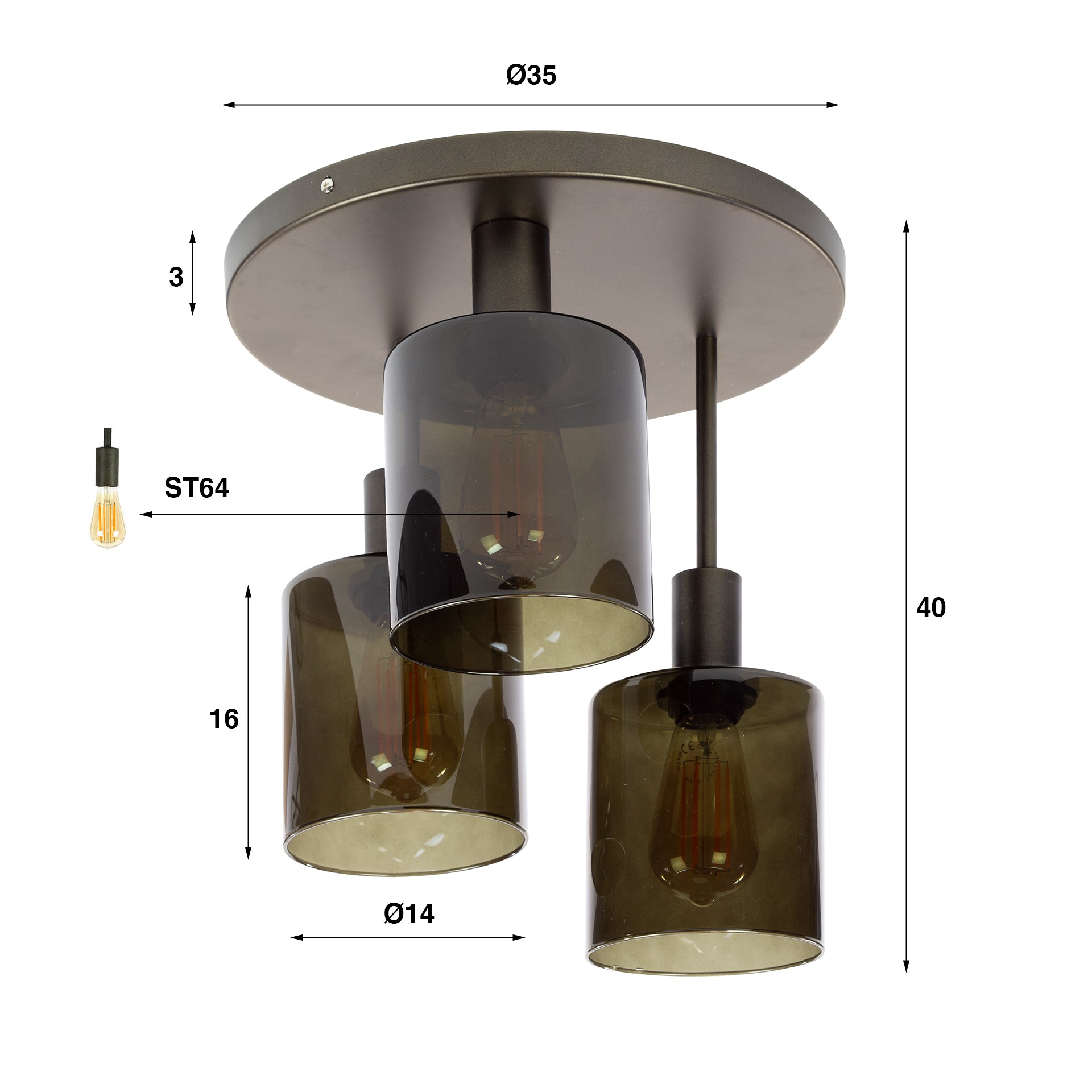Ceiling light "Seravo" – metal lamp in brown with glass shades