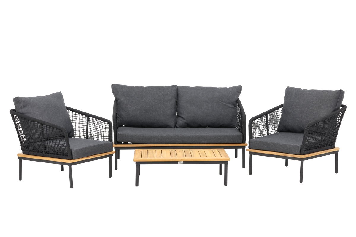 Garden Lounge Set Malina – with Wood Details, Woven Rope & Gray Cushions