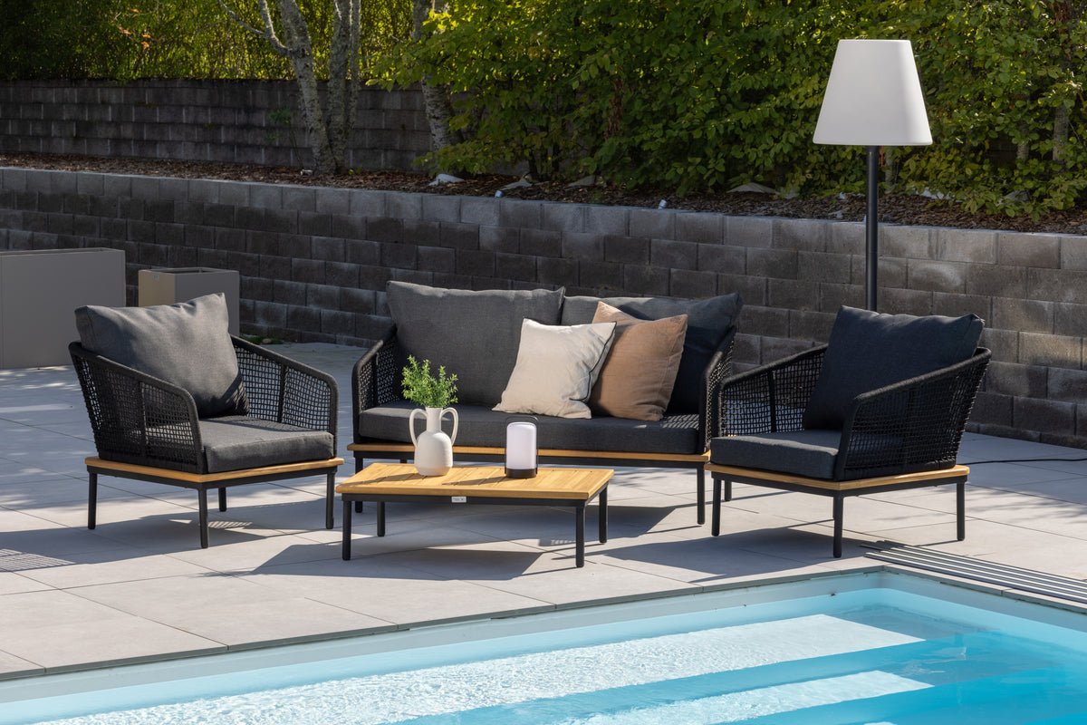 Garden Lounge Set Malina – with Wood Details, Woven Rope & Gray Cushions