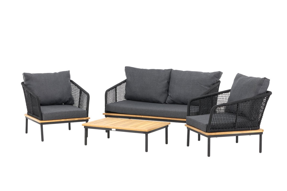 Garden Lounge Set Malina – with Wood Details, Woven Rope & Gray Cushions