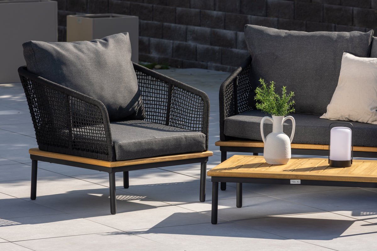 Garden Lounge Set Malina – with Wood Details, Woven Rope & Gray Cushions
