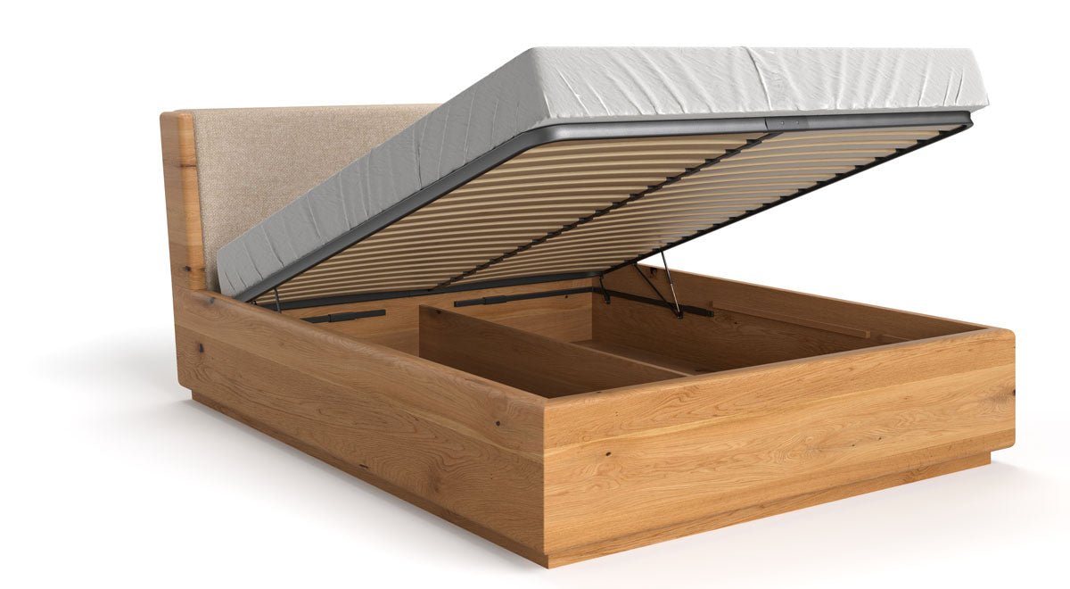 Designer wooden bed Cassian made of solid oak with storage space