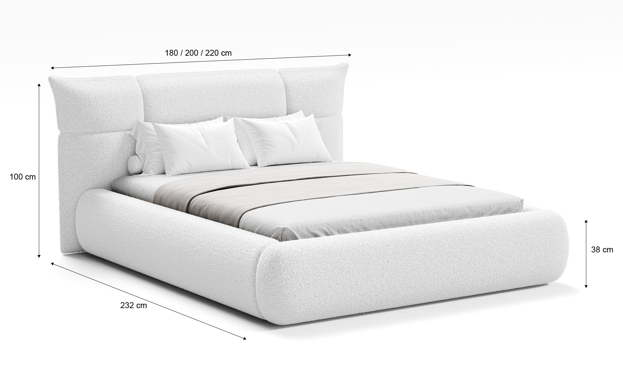 Designer upholstered bed Gioia in teddy bouclé with storage