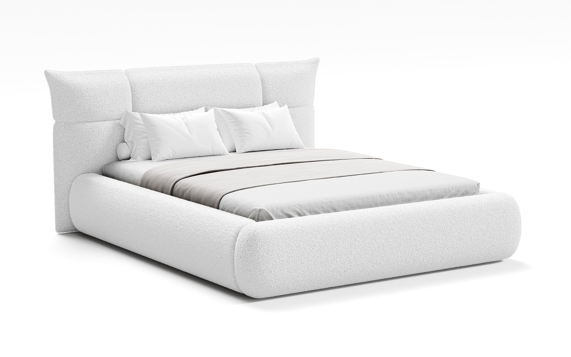 Designer upholstered bed Gioia in teddy bouclé with storage