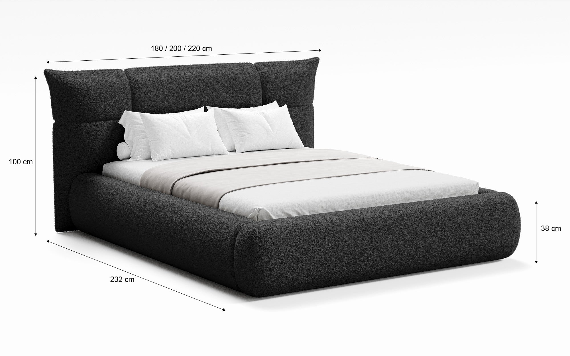 Designer upholstered bed Gioia in teddy bouclé with storage