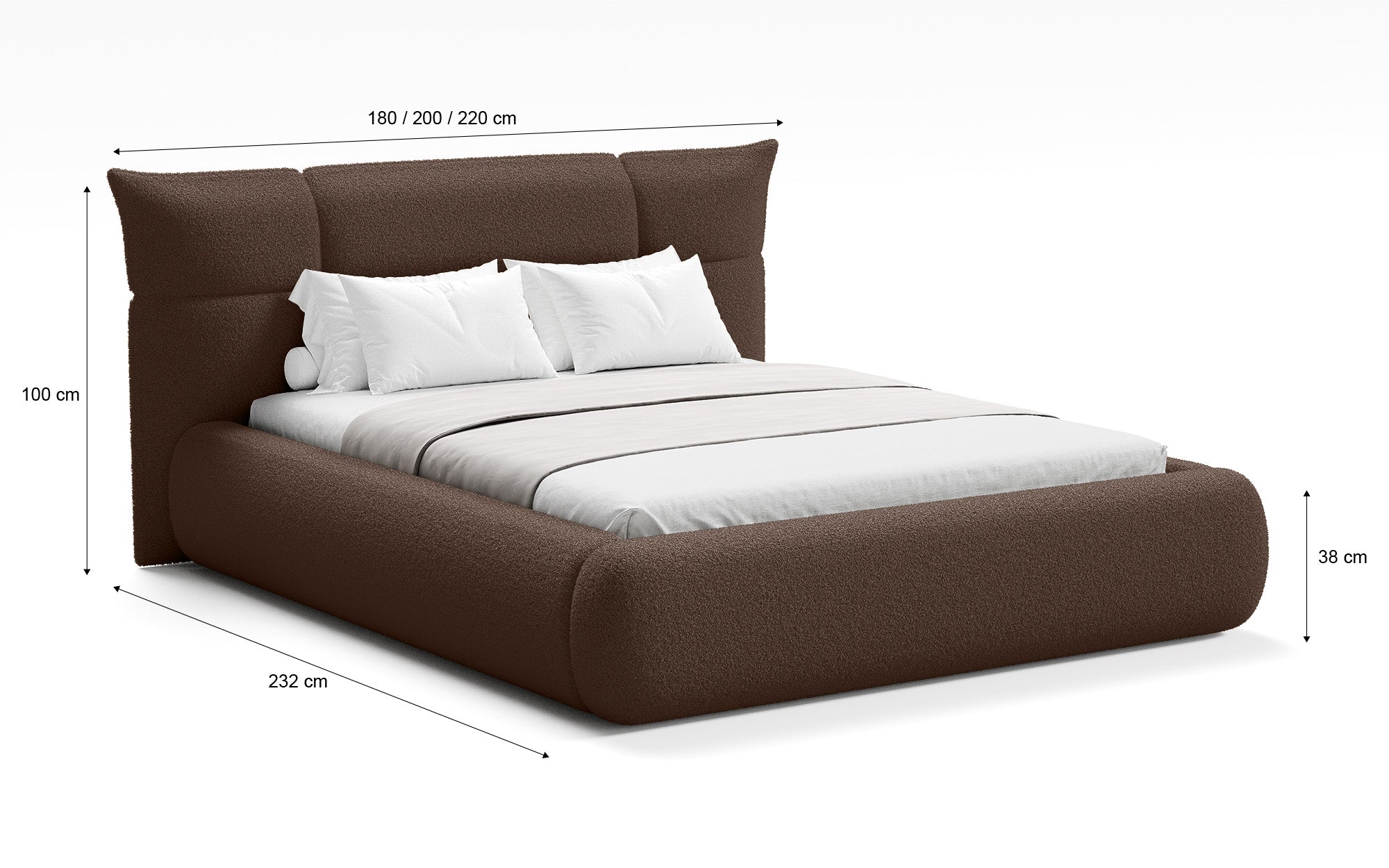Designer upholstered bed Gioia in teddy bouclé with storage