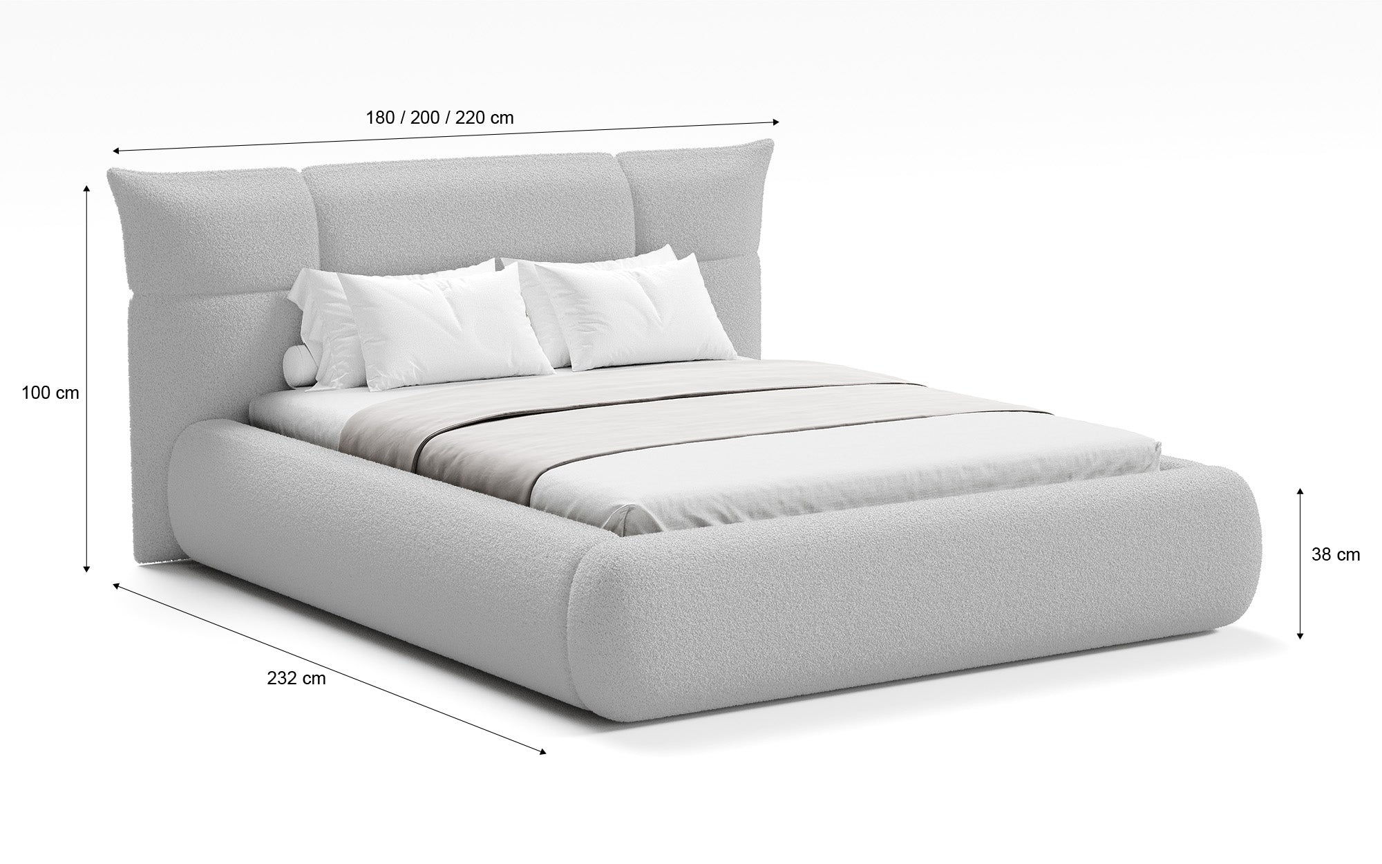 Designer upholstered bed Gioia in teddy bouclé with storage