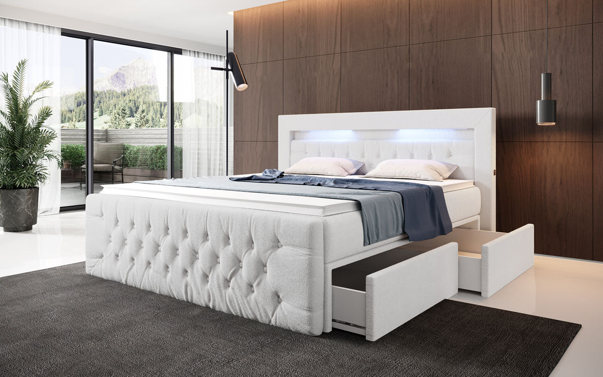 Menzogna Bouclé Box Spring Bed with LED and Storage (2 Drawers)